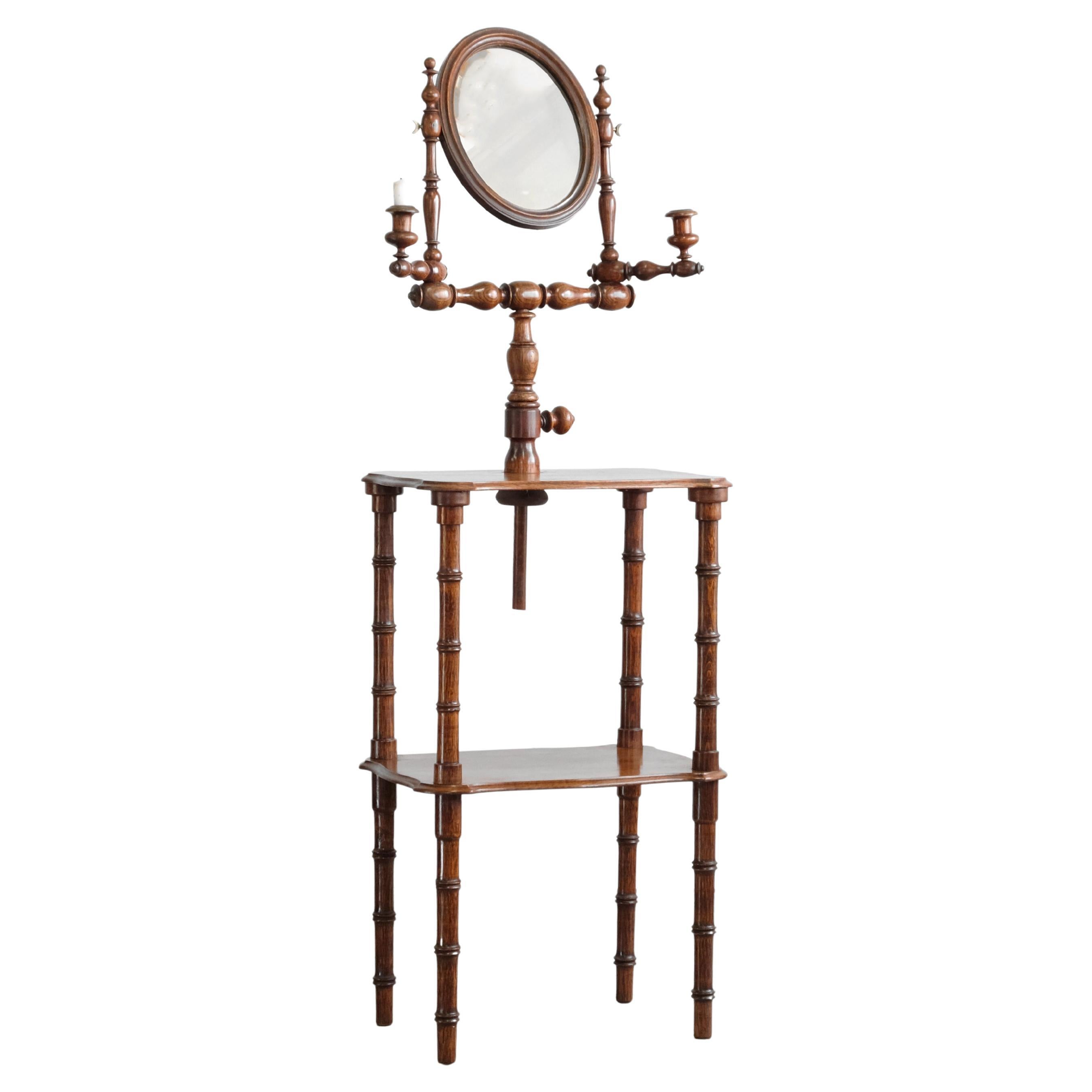 English 19th Century Shaving Stand, Mirror & Candle Holders in Faux Bamboo, Oak