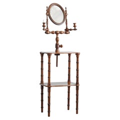 Antique English 19th Century Shaving Stand, Mirror & Candle Holders in Faux Bamboo, Oak