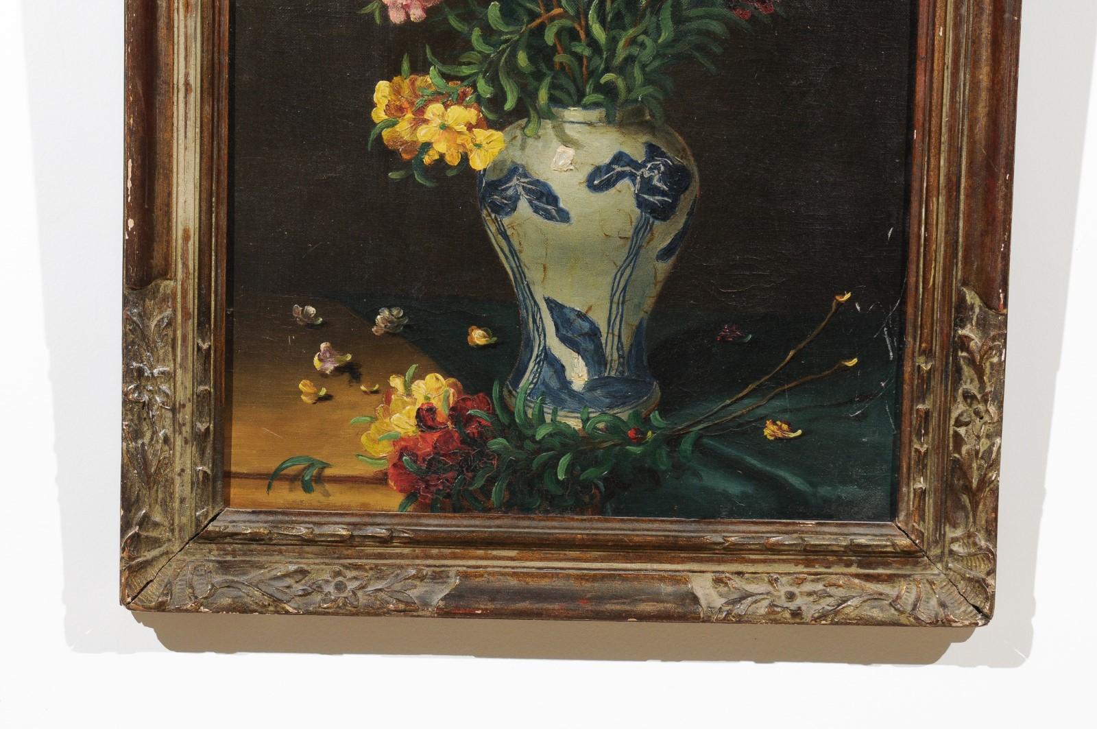 English 19th Century Signed Floral Still-Life with Blue and White Porcelain Vase In Good Condition In Atlanta, GA