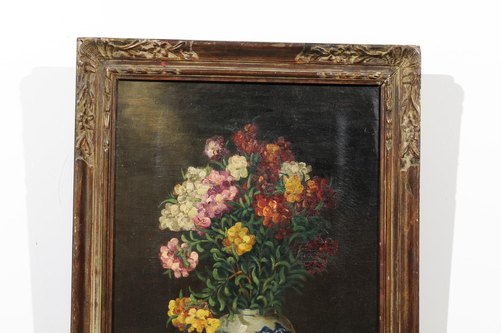 Paint English 19th Century Signed Floral Still-Life with Blue and White Porcelain Vase