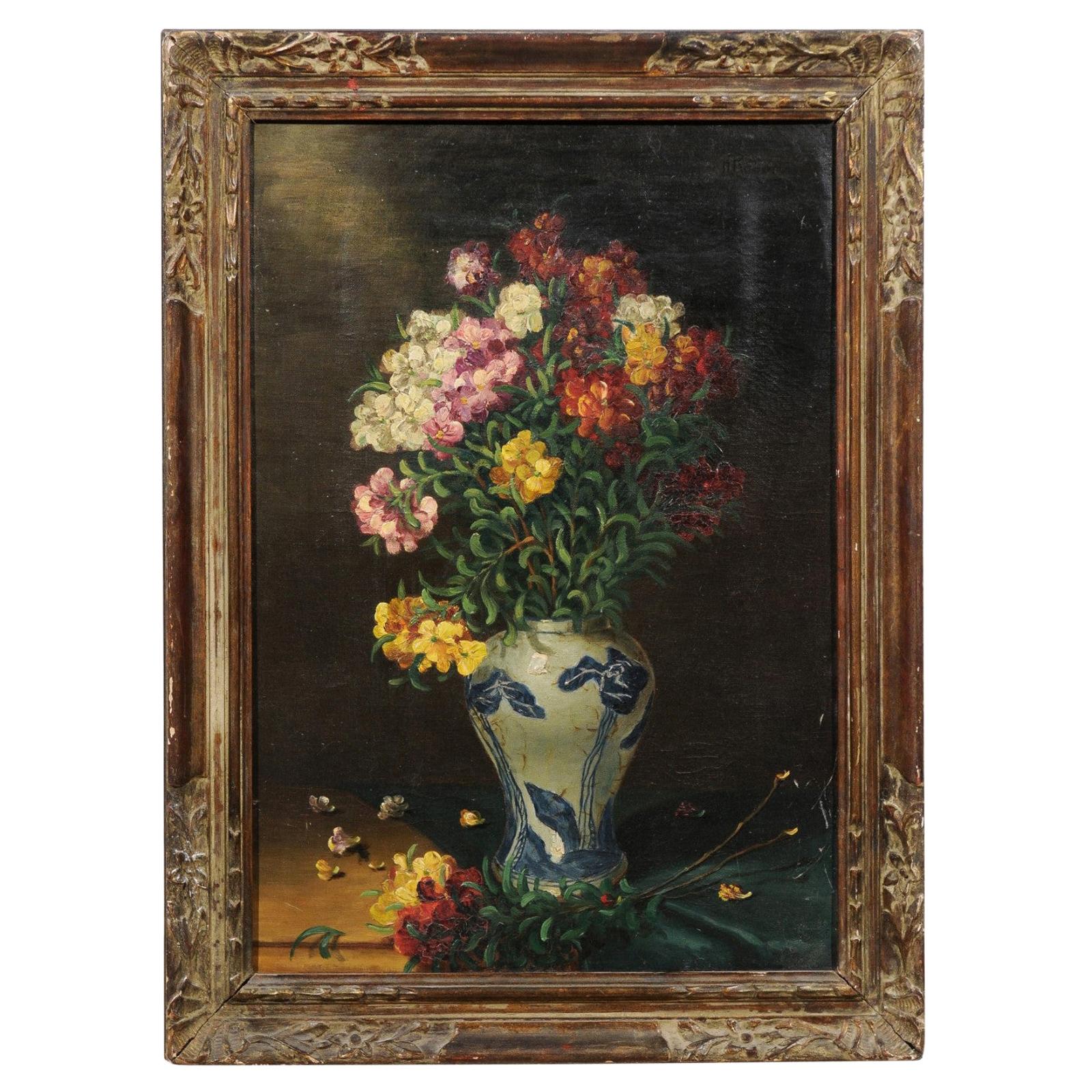 English 19th Century Signed Floral Still-Life with Blue and White Porcelain Vase