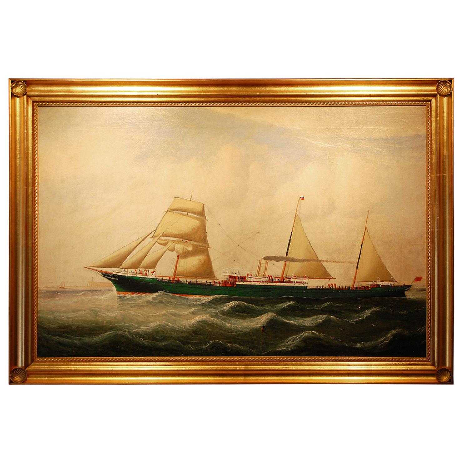 English 19th Century Signed Ship Portrait by Charles Kensington Oil on Canvas
