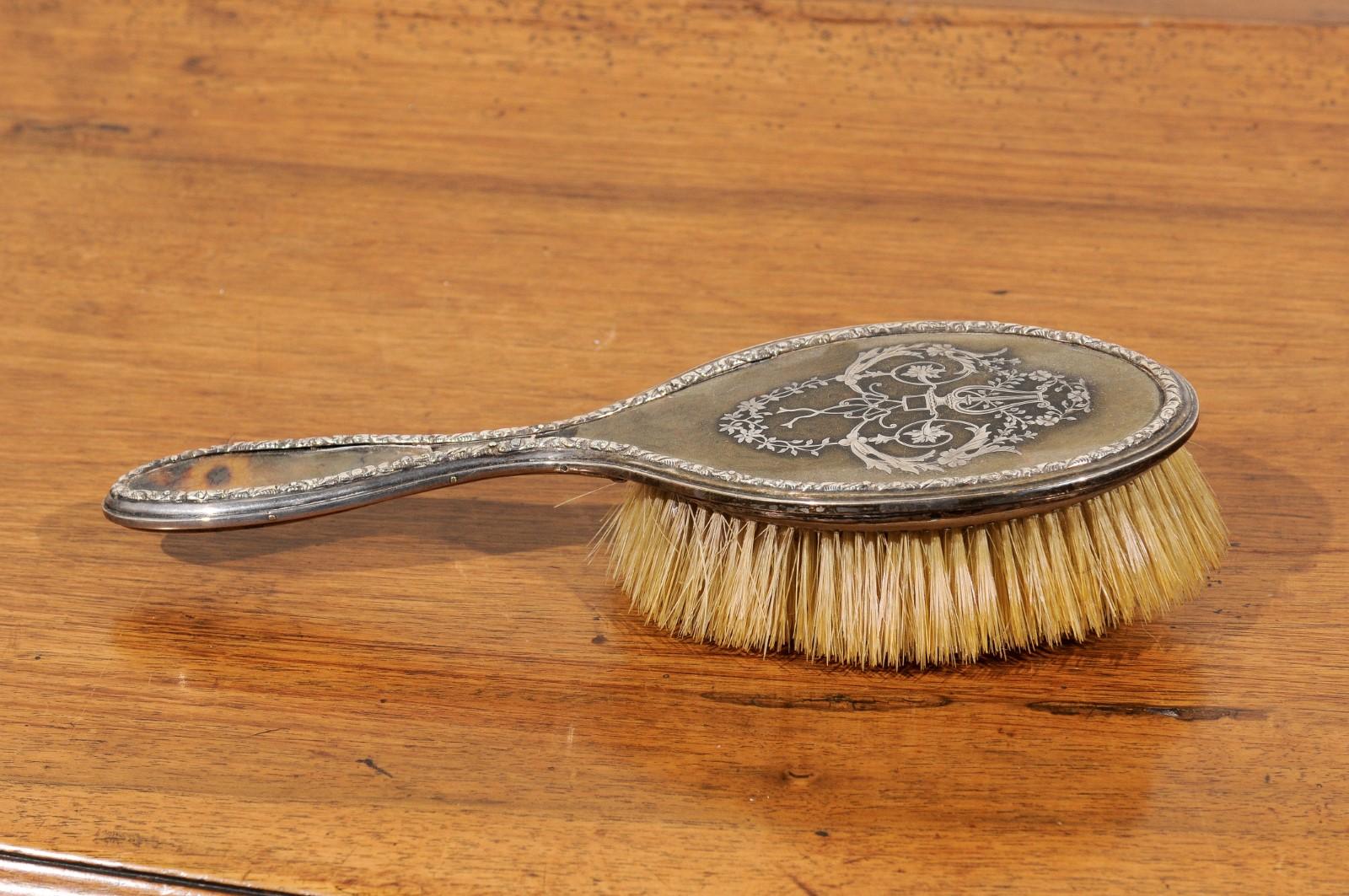 English 19th Century Silver Dressing Table Brush with Lyre and Floral Arabesques 2