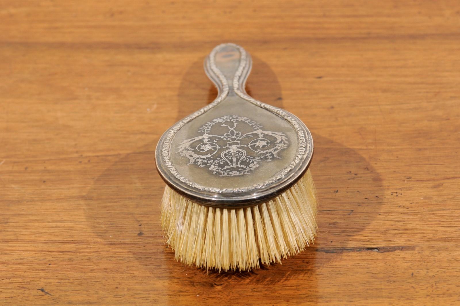 English 19th Century Silver Dressing Table Brush with Lyre and Floral Arabesques 3