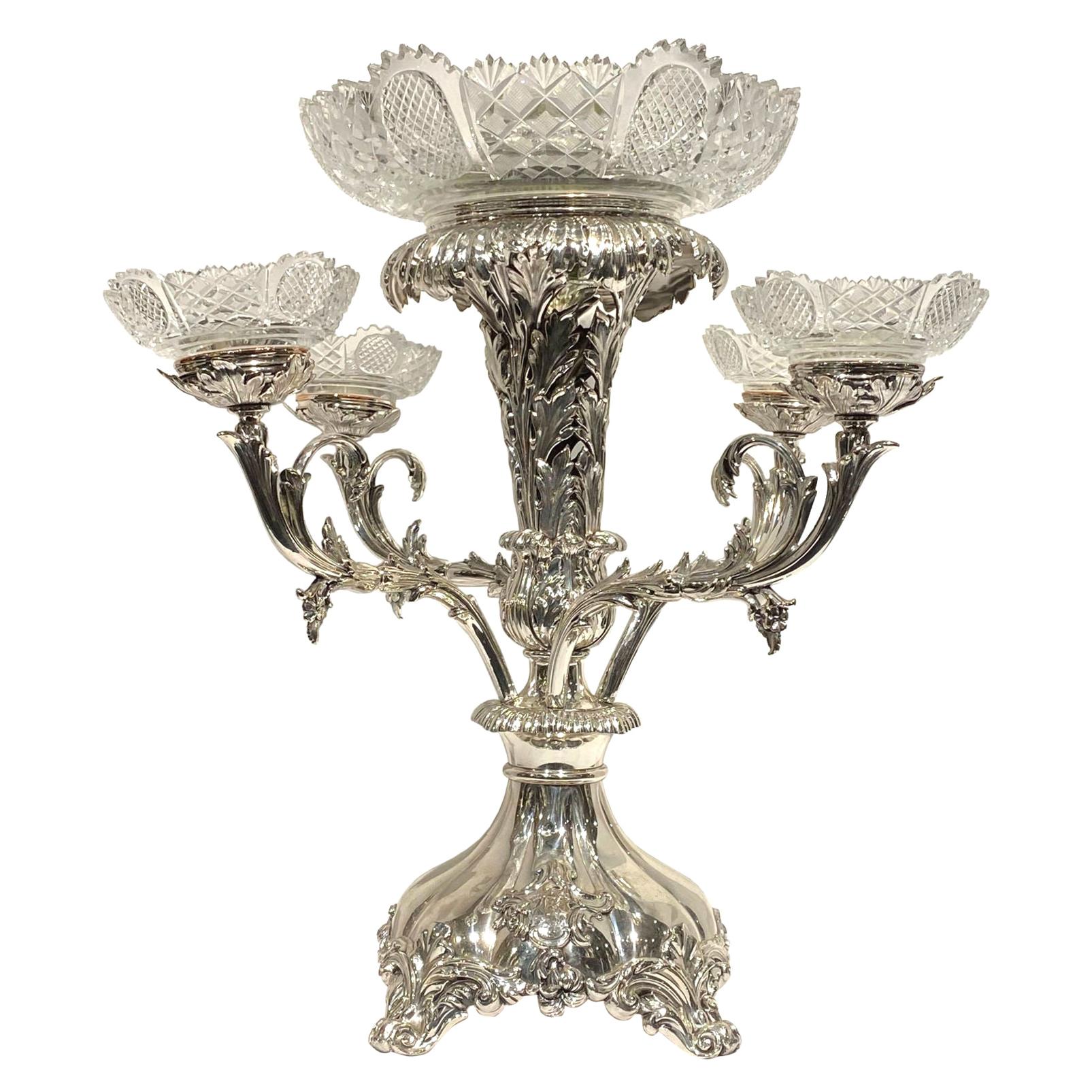 English 19th Century Silver Plated and Cut-Glass Epergne