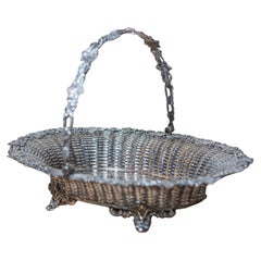 Antique English 19th Century Silver Plated Pierced Bread Basket with Vine and Foliage