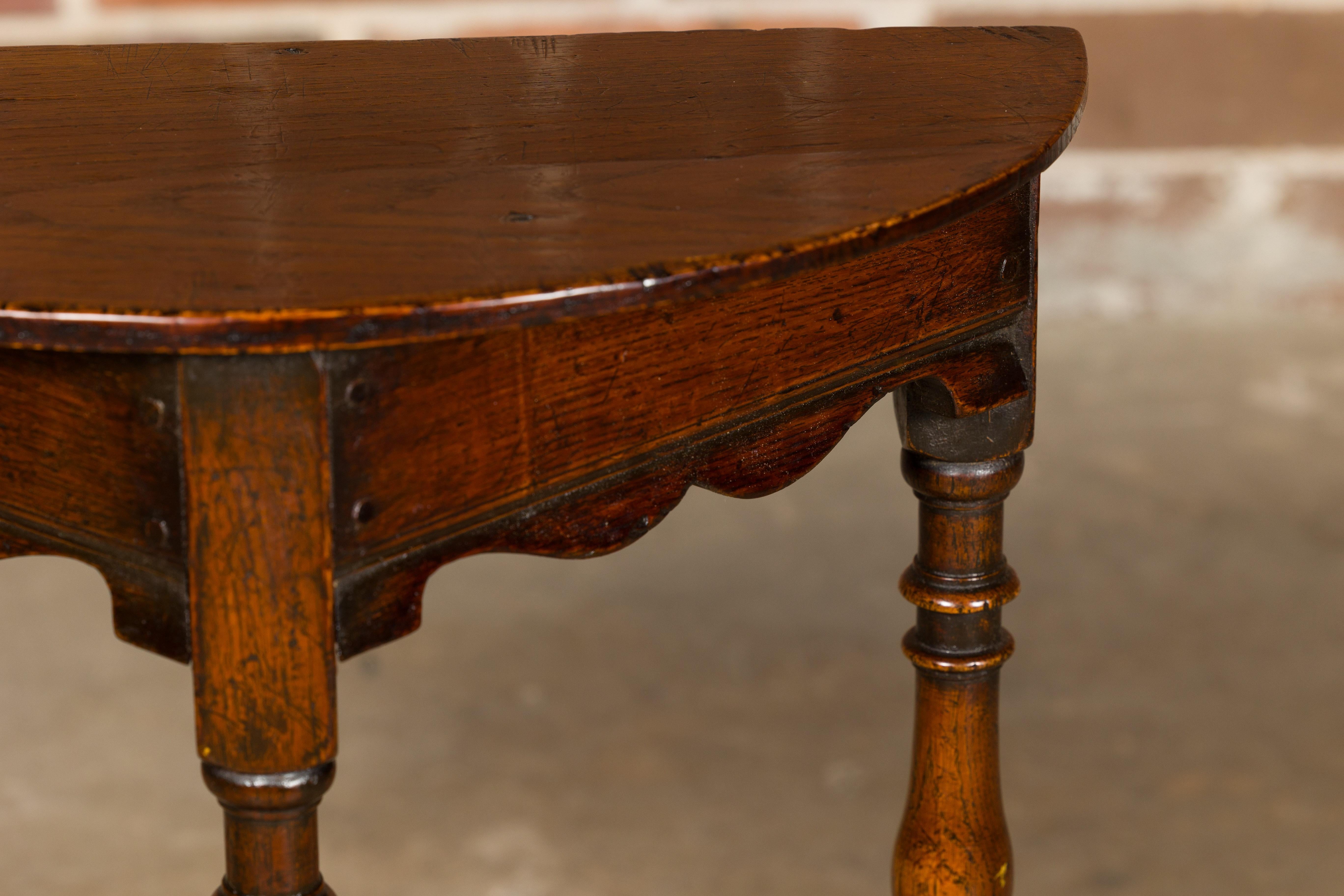 English 19th Century Small Oak Demi-Lune Table with Turned Legs and Carved Apron 9