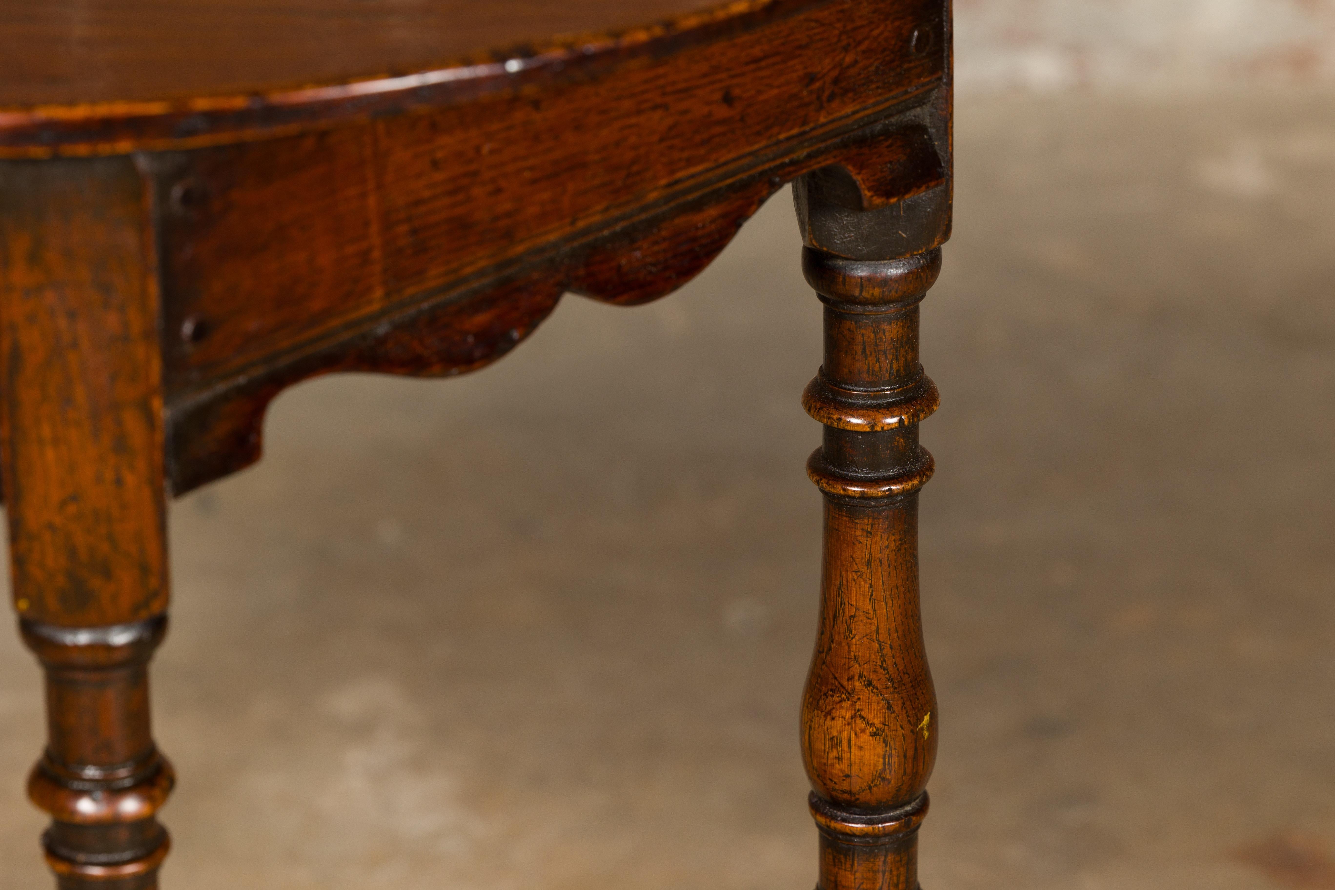 English 19th Century Small Oak Demi-Lune Table with Turned Legs and Carved Apron 10