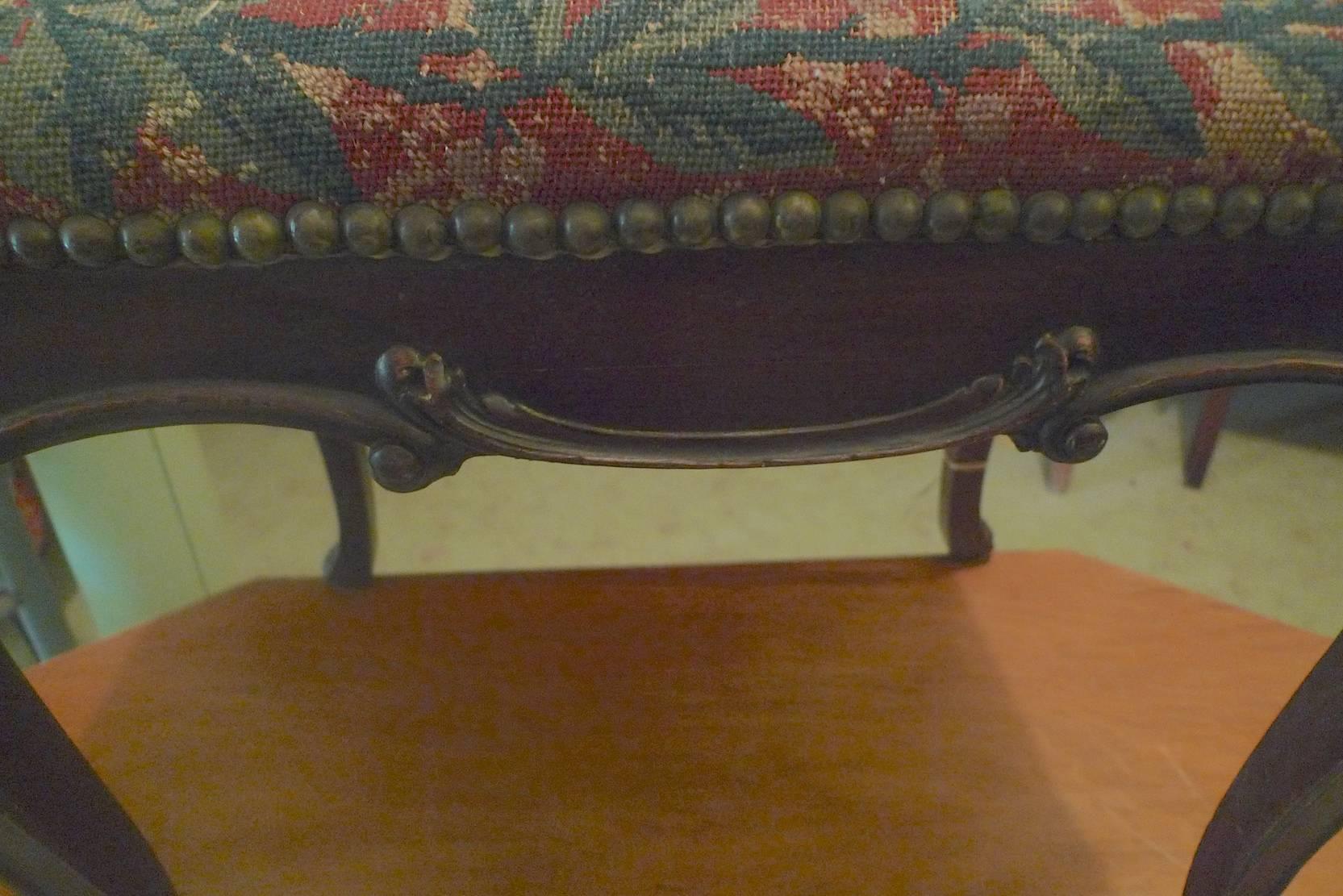 Fabric English 19th Century Stained Hand Carved Walnut Needlepoint Bench