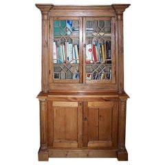 English 19th Century Stained Two Part Pine Bookcase with 4 Doors and 3 Shelves
