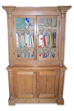 English 19th Century Stained Two Part Pine Bookcase with 4 Doors and 3 Shelves