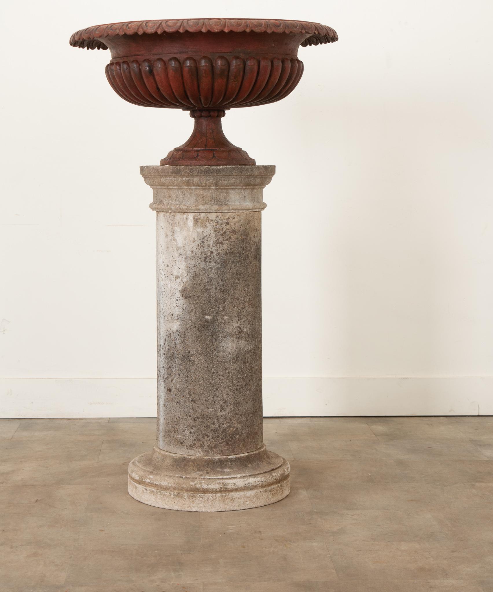 Neoclassical English 19th Century Stone Pedestal & Iron Urn