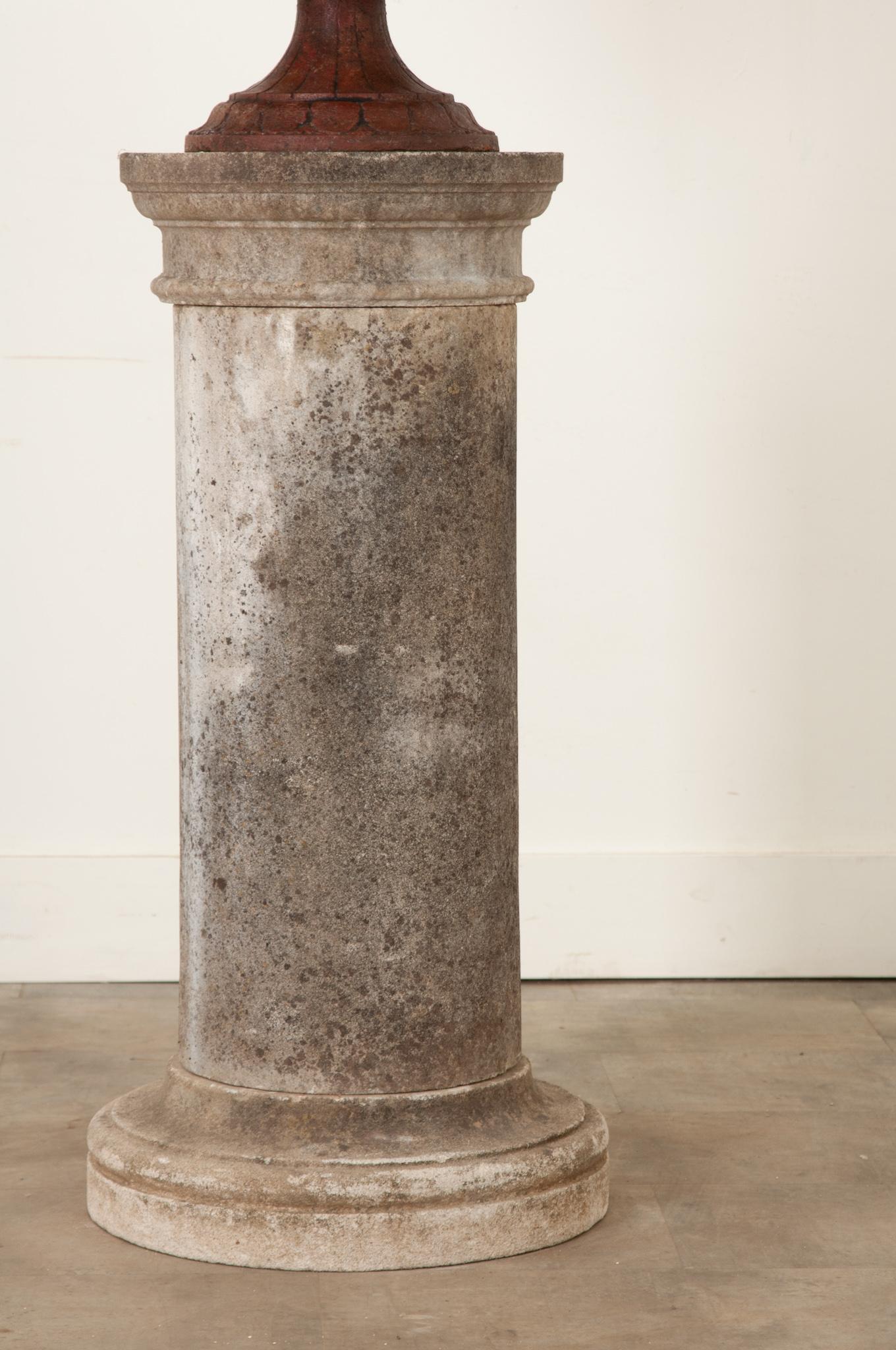 Cast English 19th Century Stone Pedestal & Iron Urn