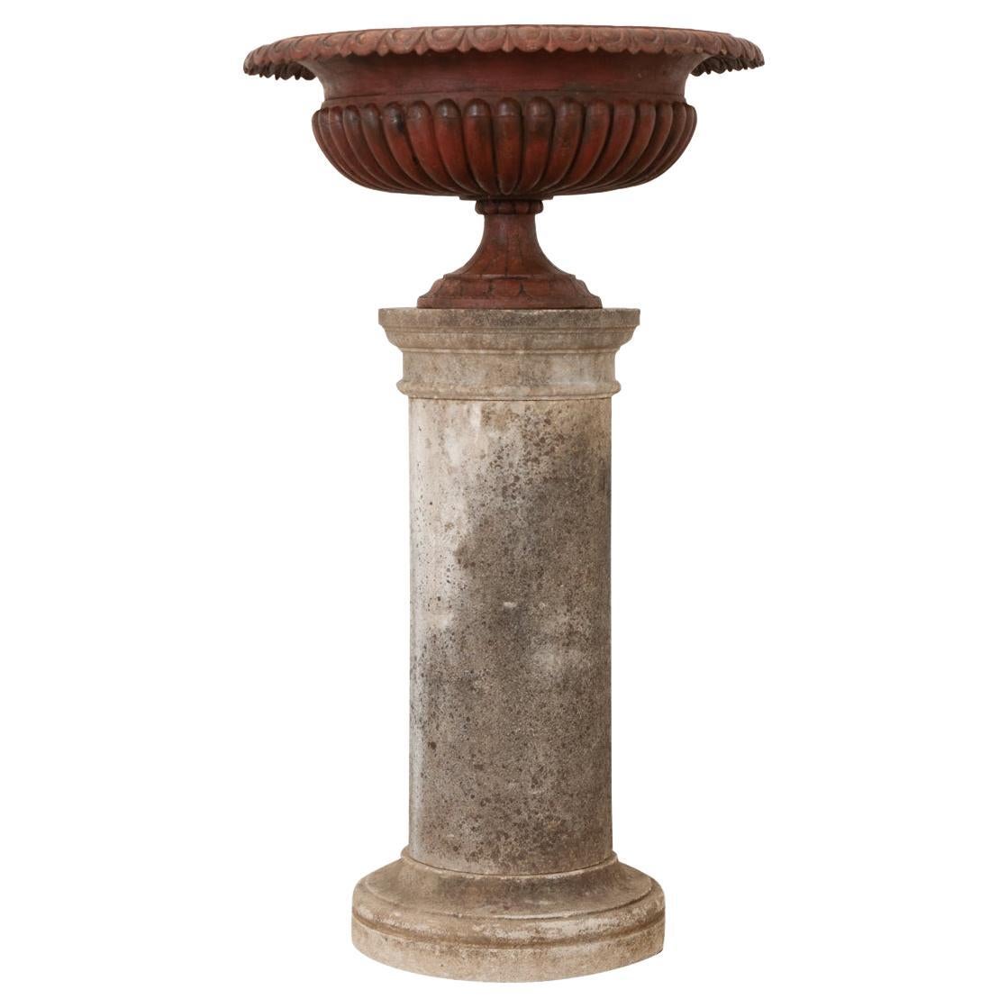 English 19th Century Stone Pedestal & Iron Urn