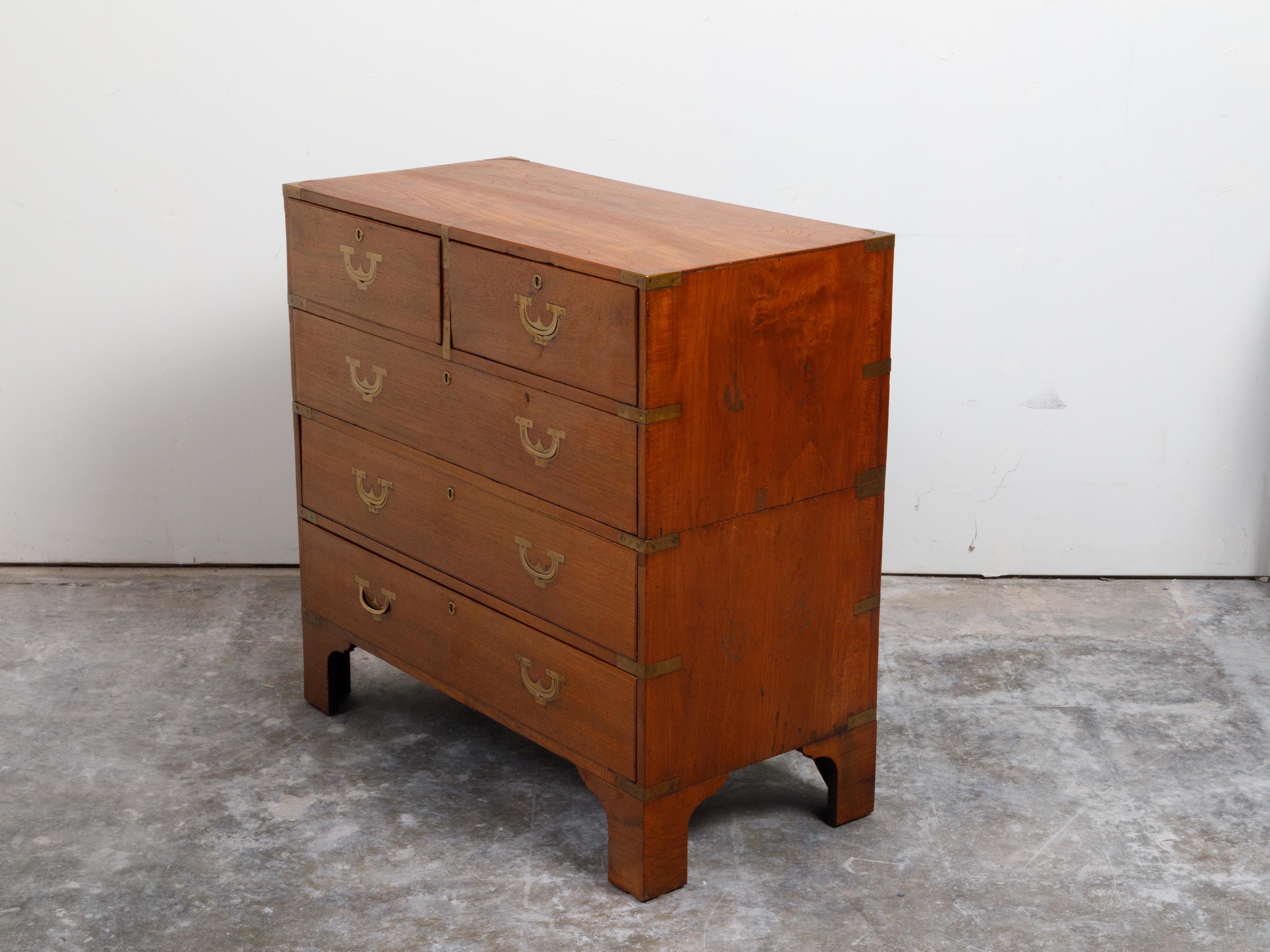 English 19th Century Teak Campaign Chest with Five Drawers and Brass Hardware For Sale 12