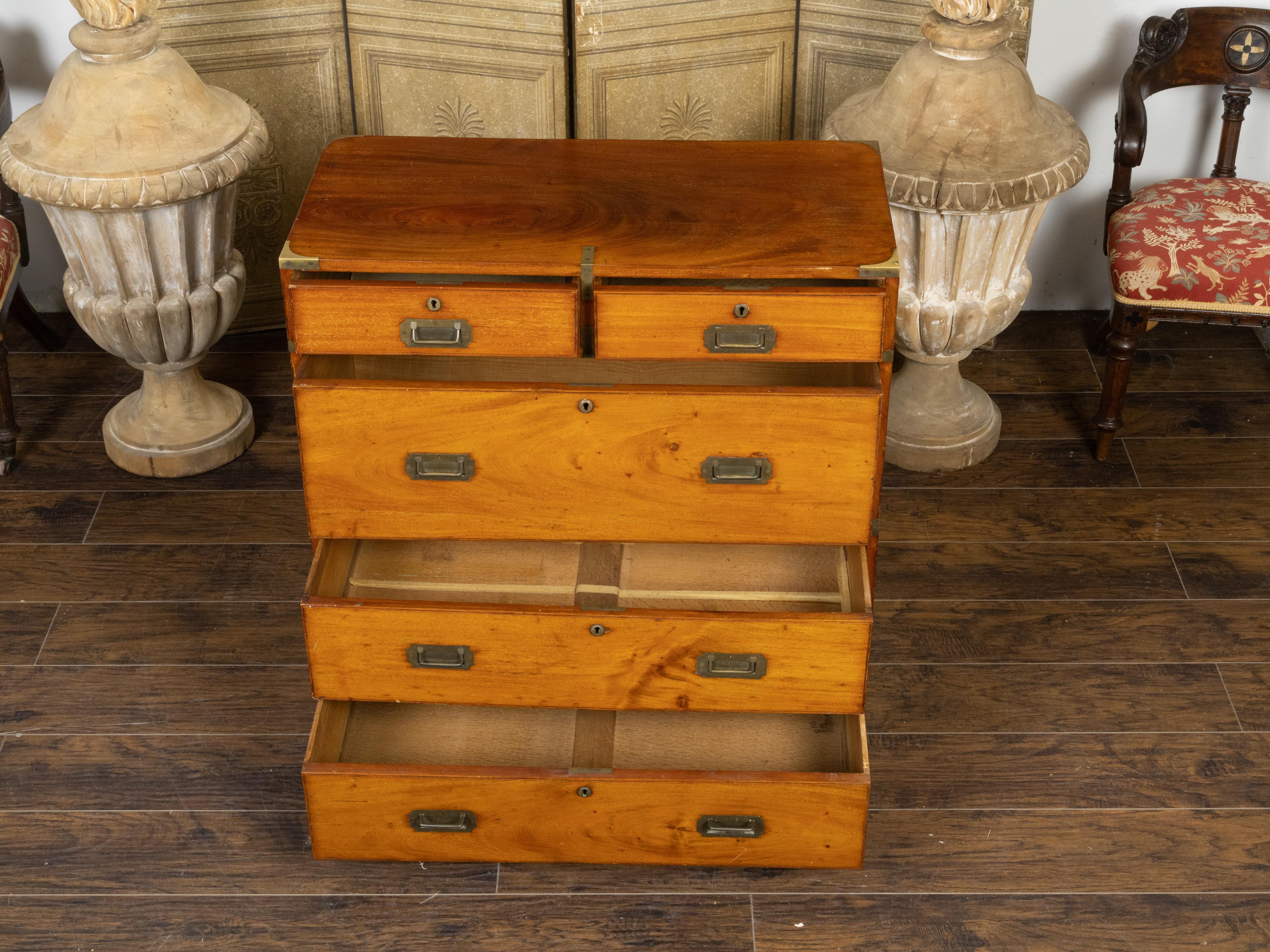 English 19th Century Teak Campaign Chest with Five Drawers and Brass Hardware In Good Condition For Sale In Atlanta, GA
