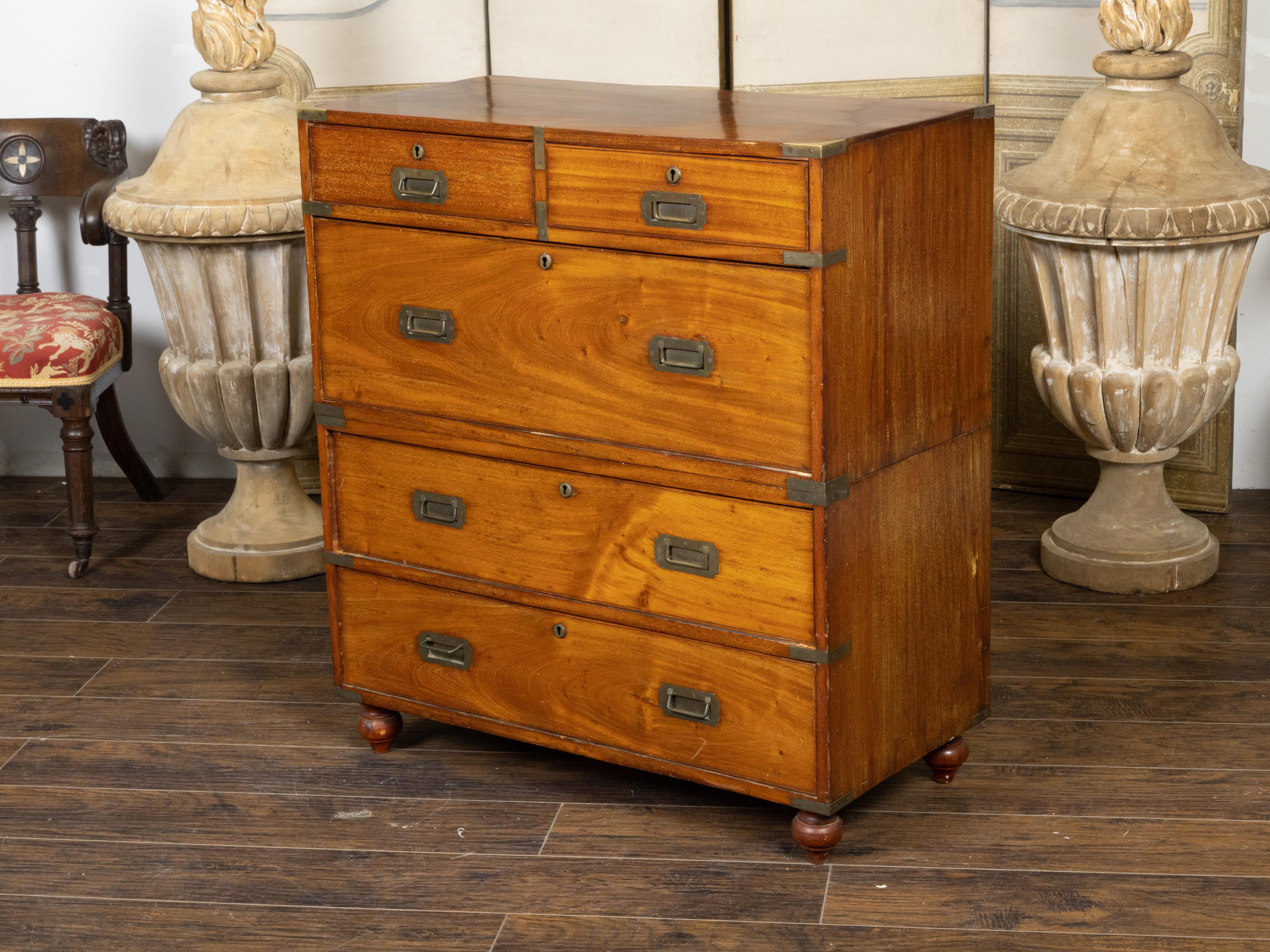 English 19th Century Teak Campaign Chest with Five Drawers and Brass Hardware For Sale 1