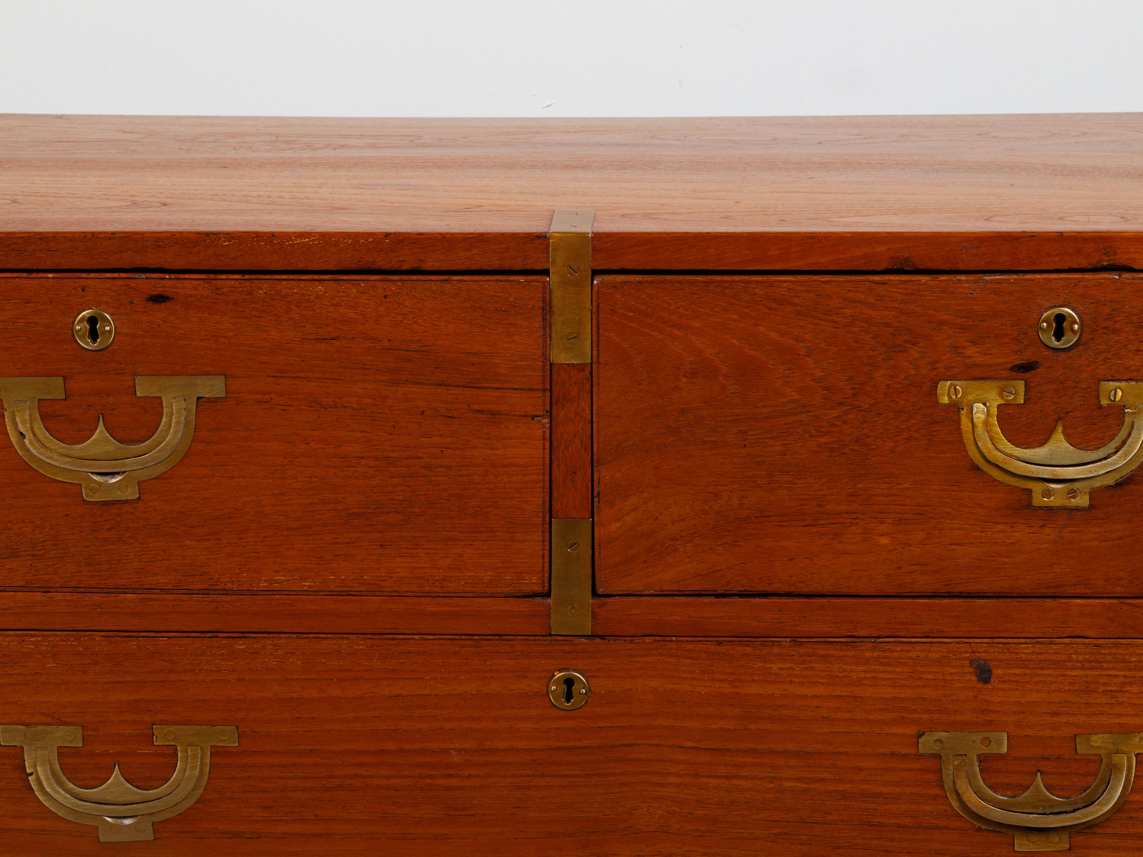 English 19th Century Teak Campaign Chest with Five Drawers and Brass Hardware For Sale 2