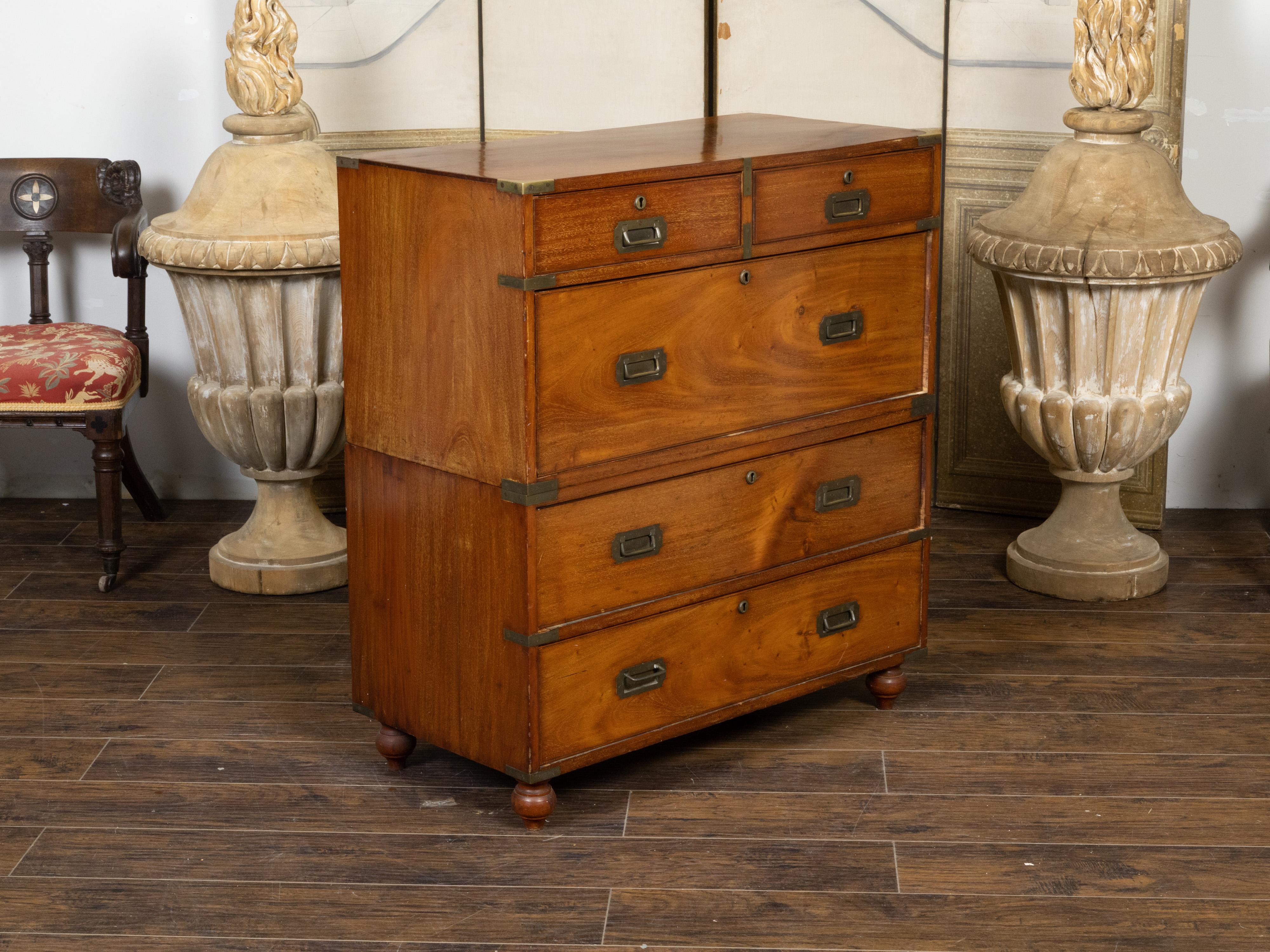 English 19th Century Teak Campaign Chest with Five Drawers and Brass Hardware For Sale 3