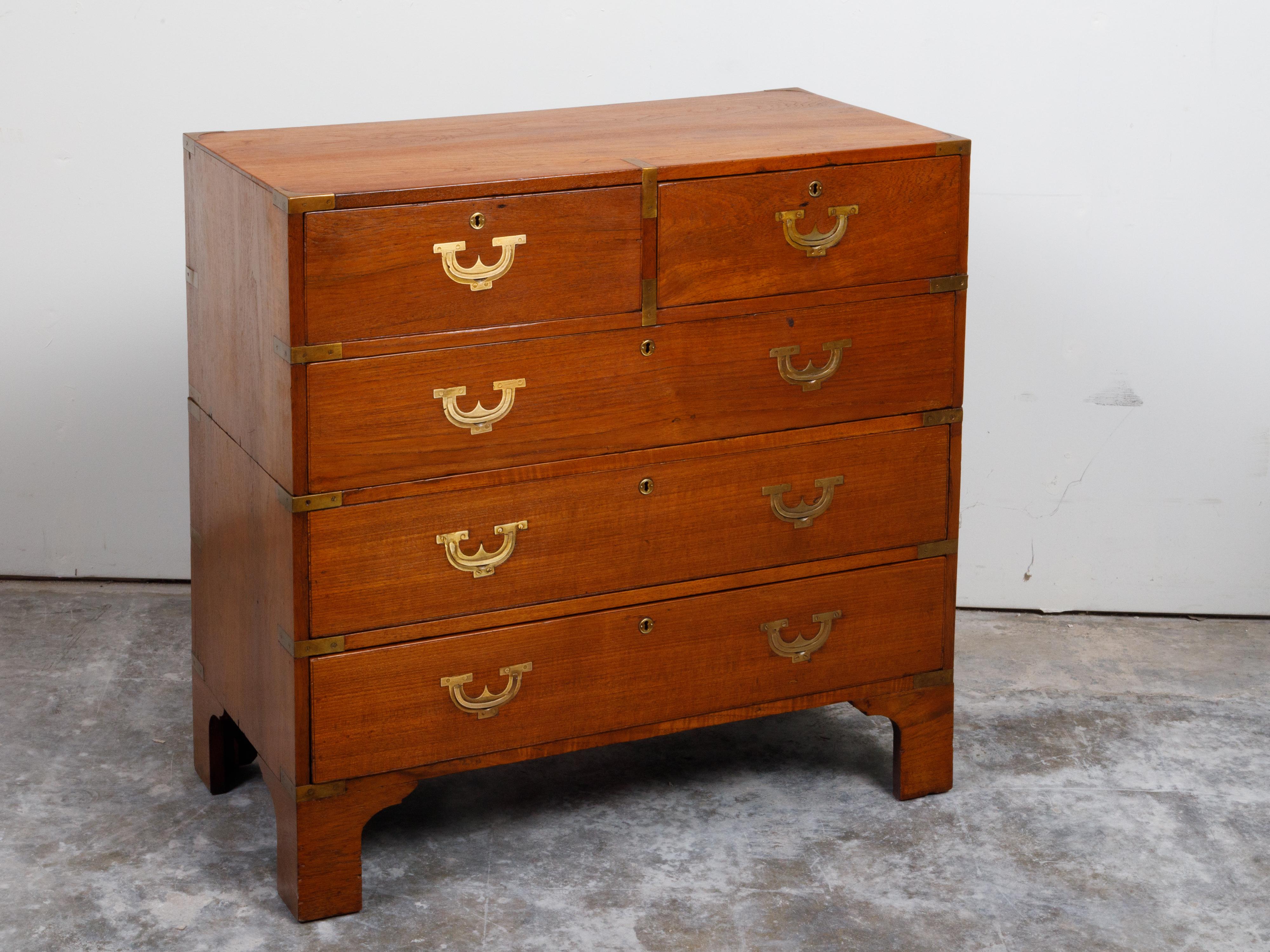 English 19th Century Teak Campaign Chest with Five Drawers and Brass Hardware For Sale 5