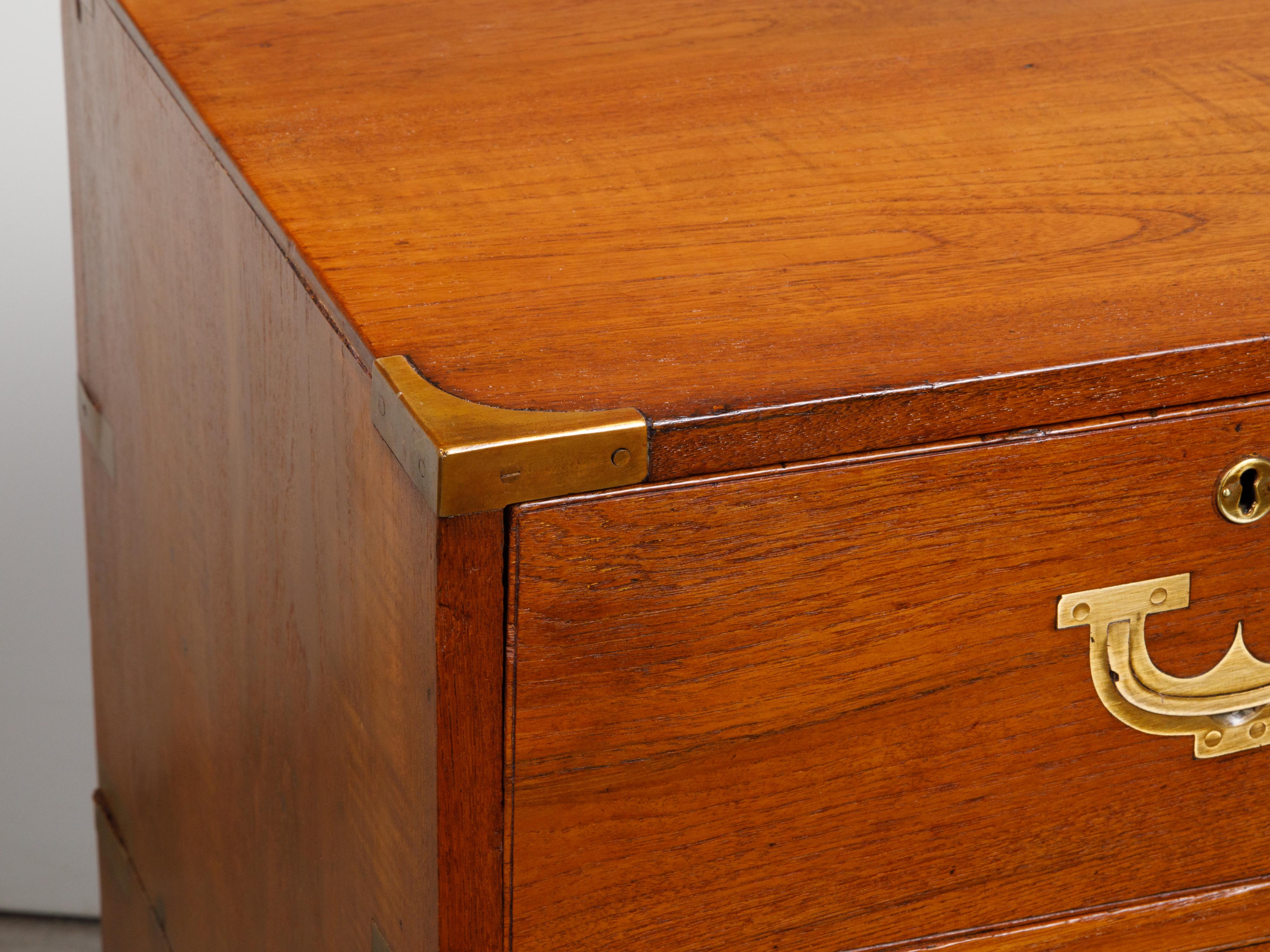 English 19th Century Teak Campaign Chest with Five Drawers and Brass Hardware For Sale 6