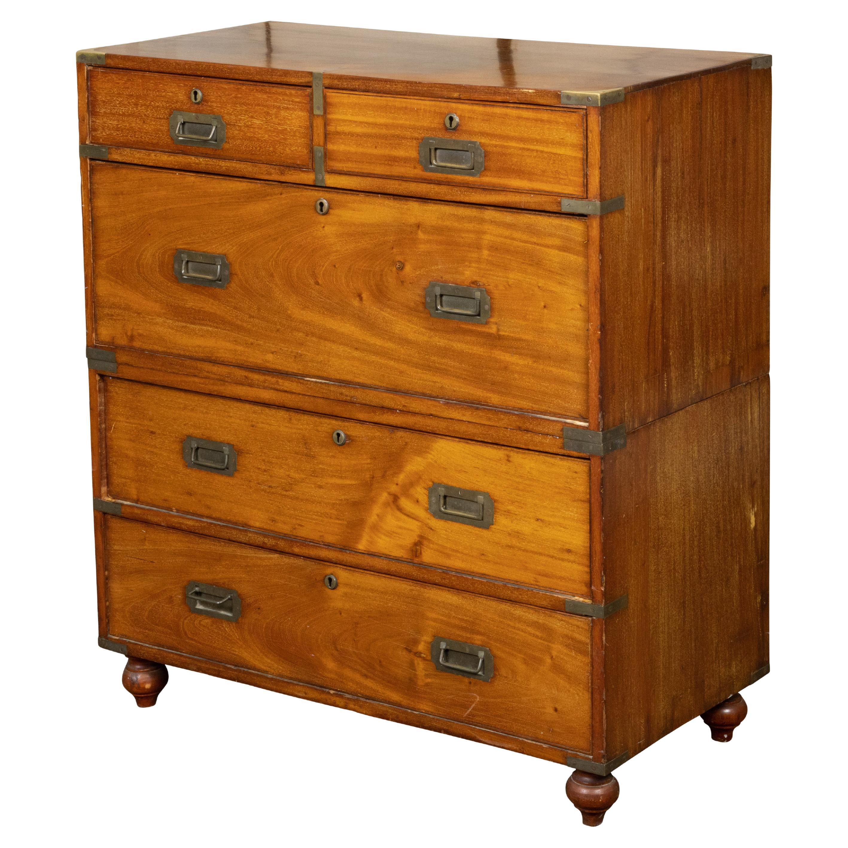 English 19th Century Teak Campaign Chest with Five Drawers and Brass Hardware