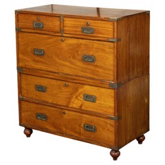 Antique English 19th Century Teak Campaign Chest with Five Drawers and Brass Hardware