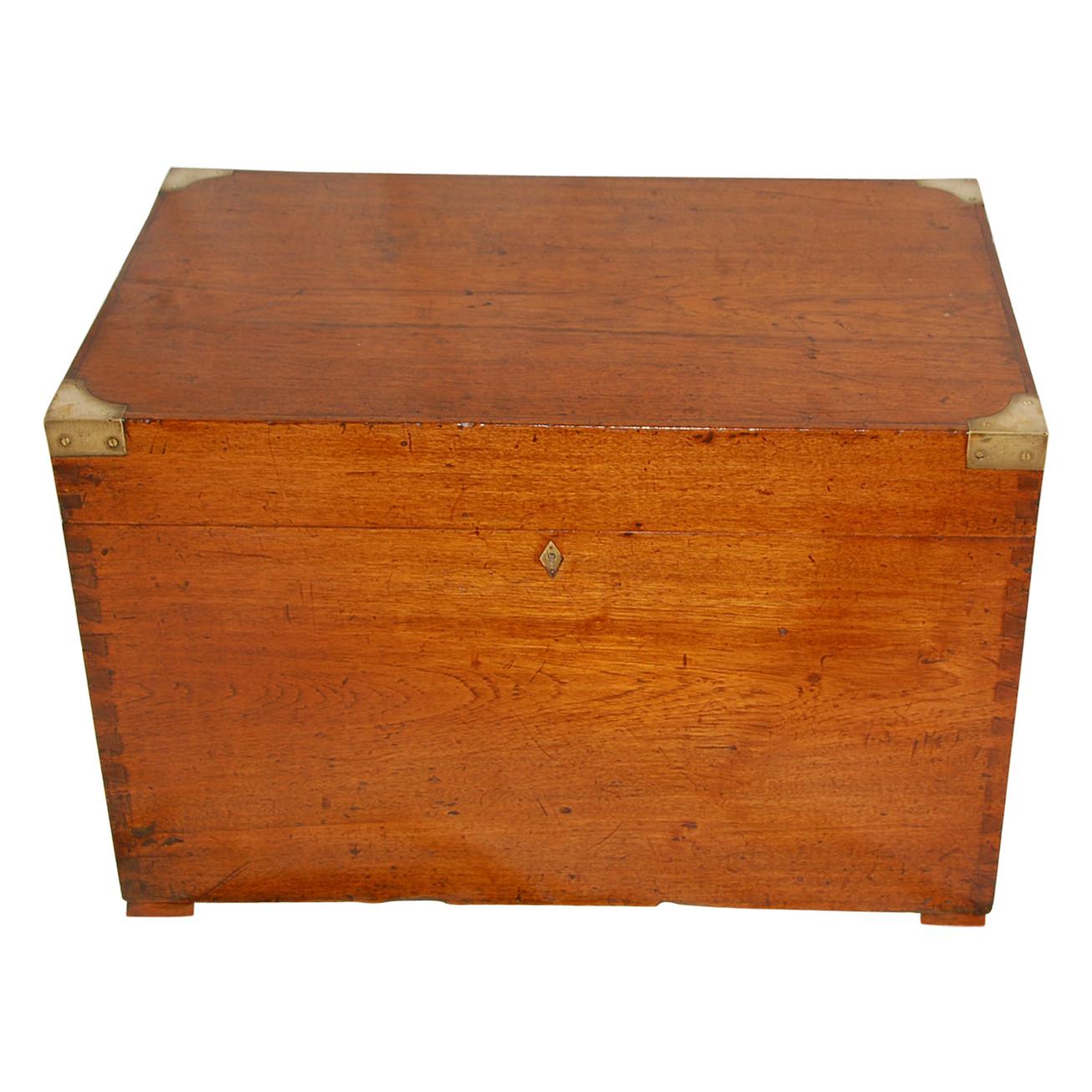 English 19th Century Teak Campaign Trunk with Brass Corners and Handles