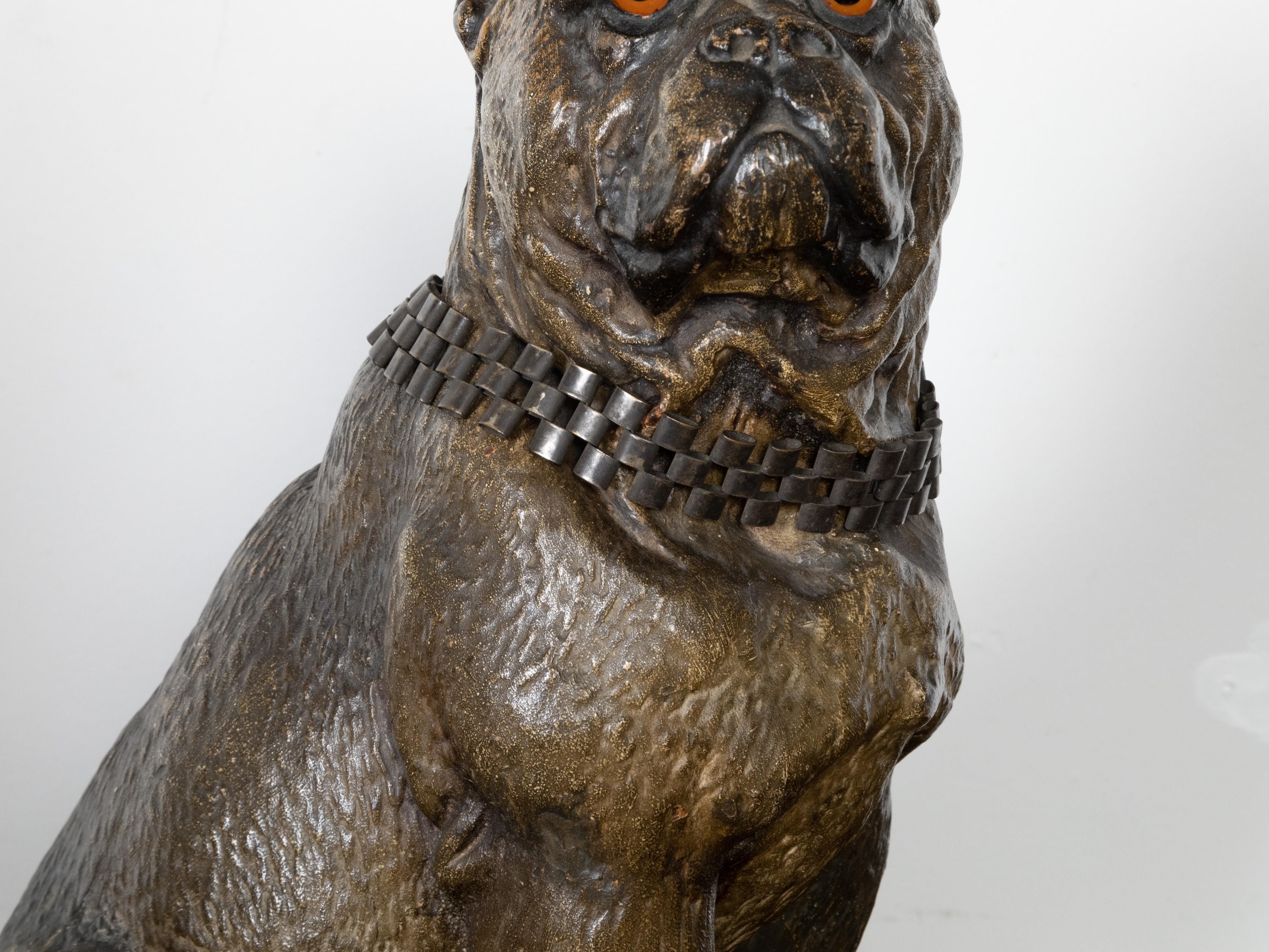 English 19th Century Terracotta Bulldog Statue with Silver Collar and Glass Eyes For Sale 4