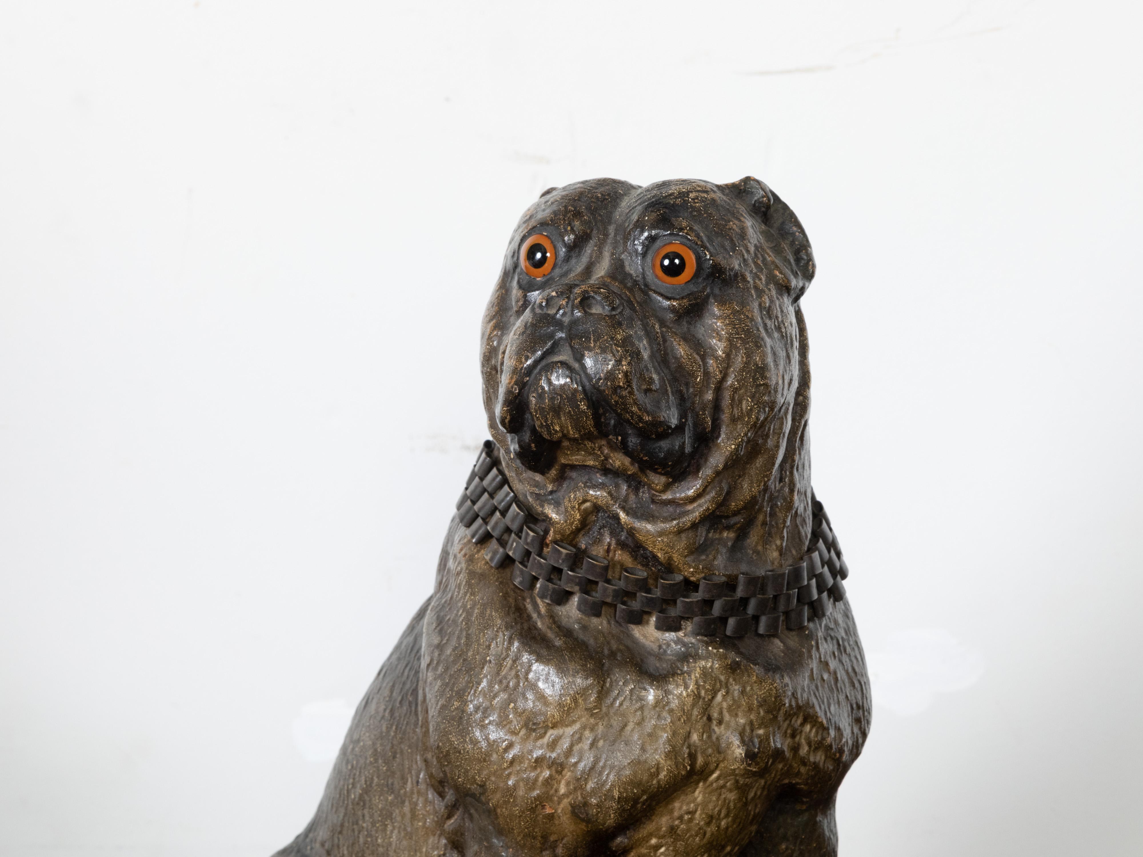 English 19th Century Terracotta Bulldog Statue with Silver Collar and Glass Eyes For Sale 5