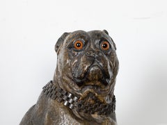 English 19th Century Terracotta Bulldog Statue with Silver Collar and Glass Eyes