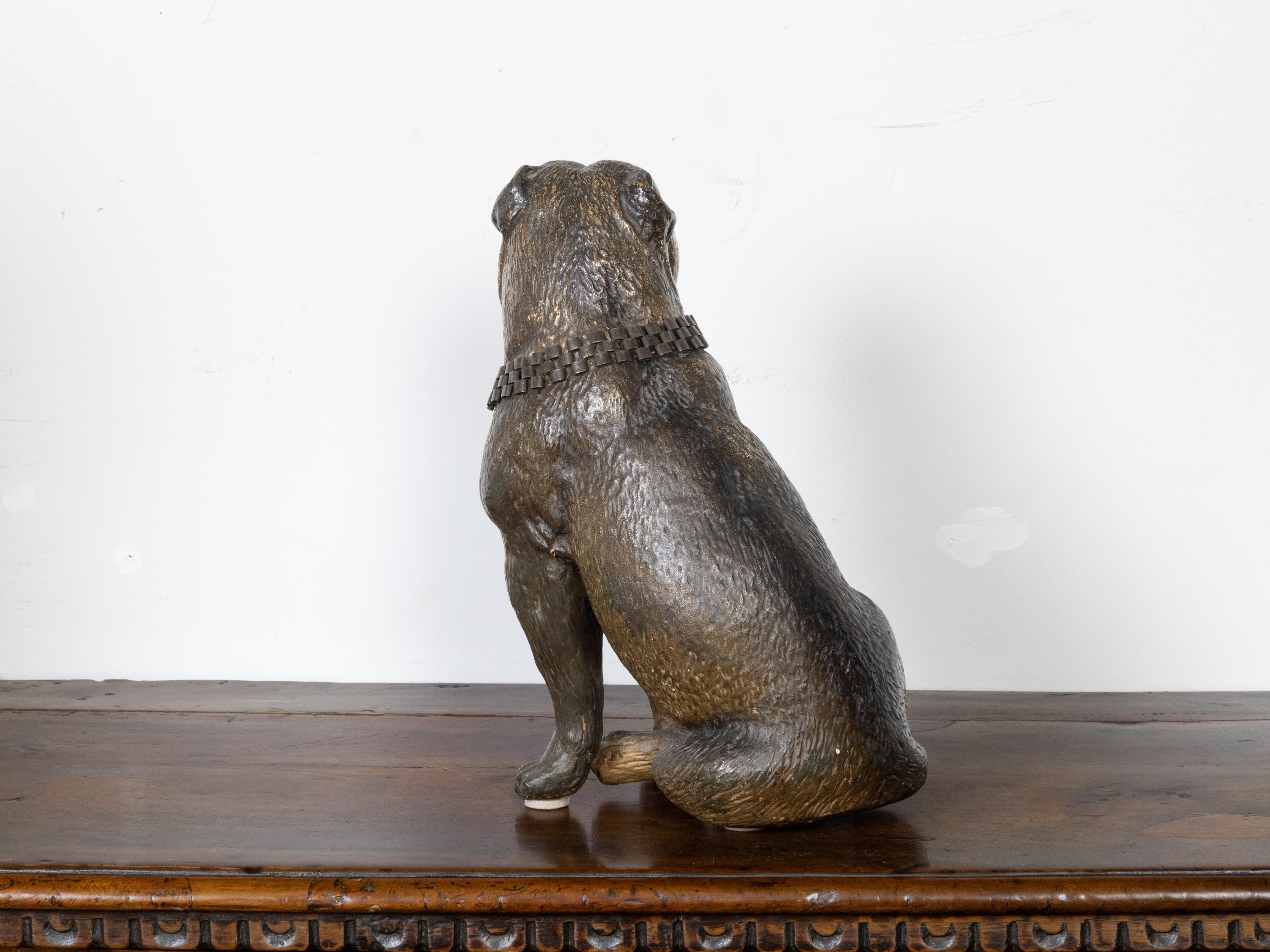 English 19th Century Terracotta Bulldog Statue with Silver Collar and Glass Eyes In Good Condition For Sale In Atlanta, GA