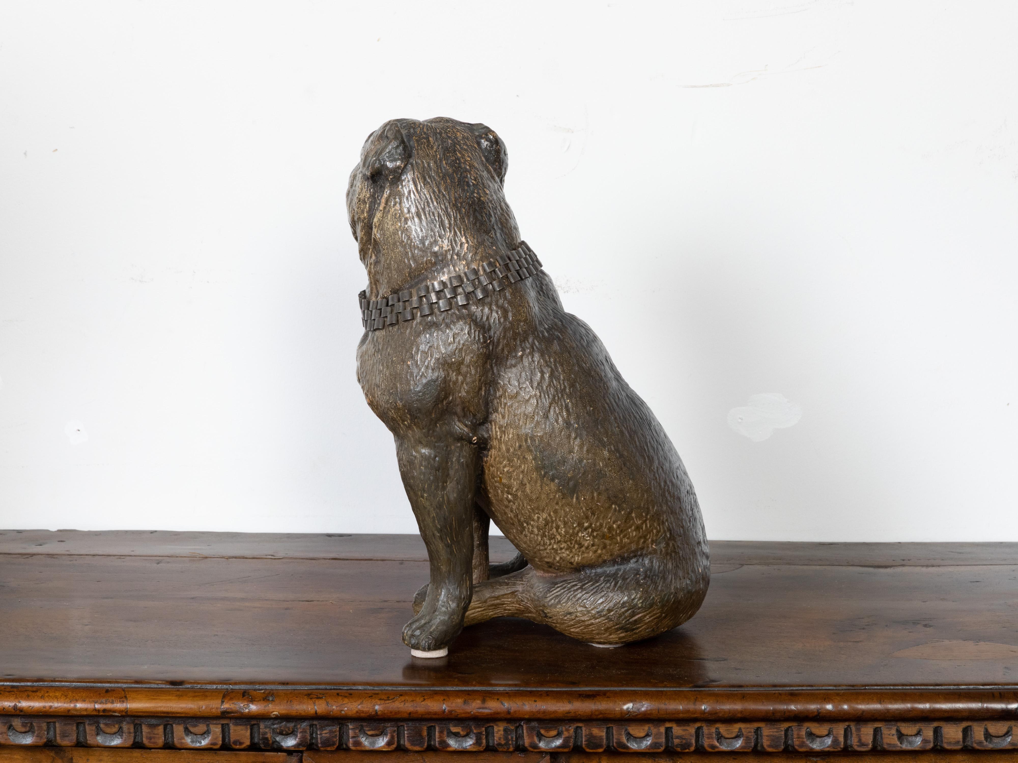 English 19th Century Terracotta Bulldog Statue with Silver Collar and Glass Eyes For Sale 1