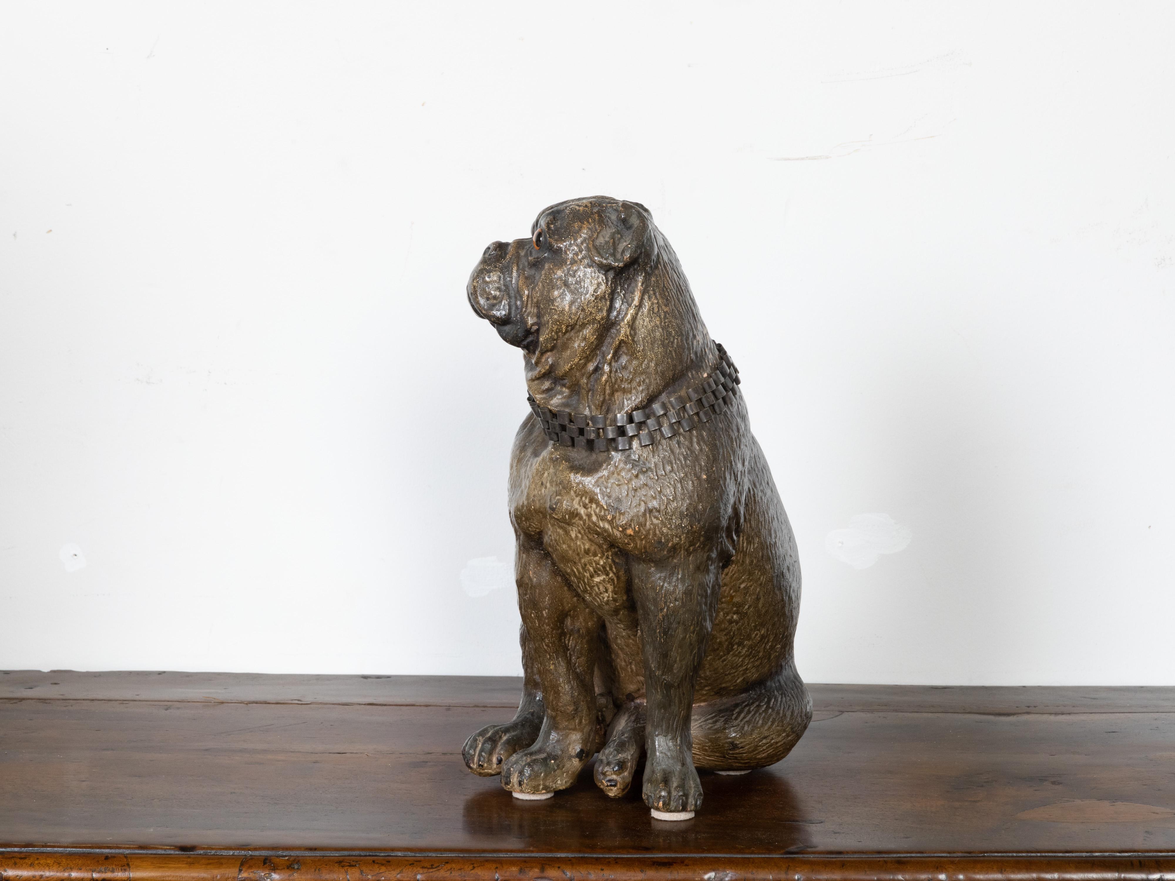 English 19th Century Terracotta Bulldog Statue with Silver Collar and Glass Eyes For Sale 2