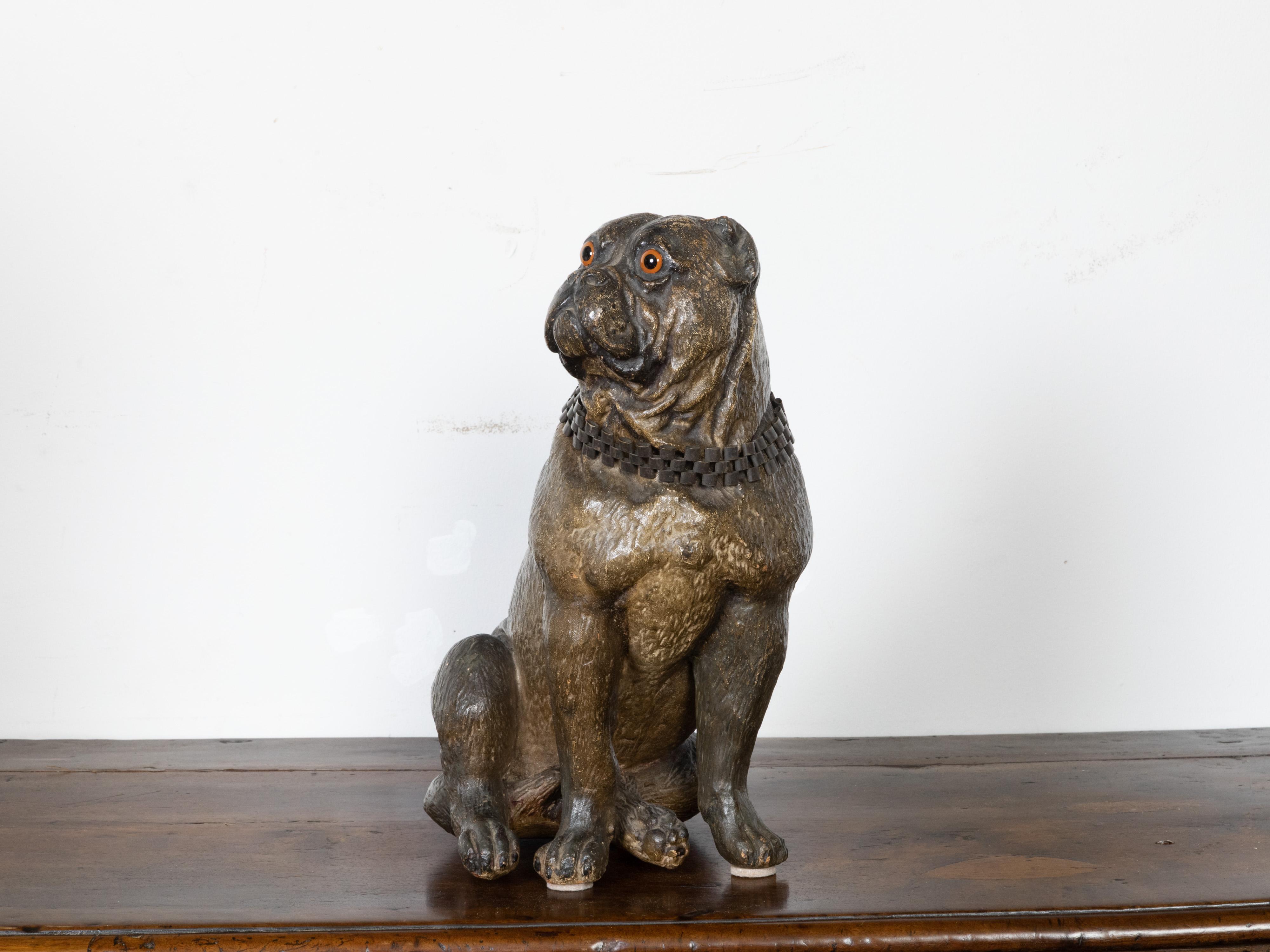 English 19th Century Terracotta Bulldog Statue with Silver Collar and Glass Eyes For Sale 3
