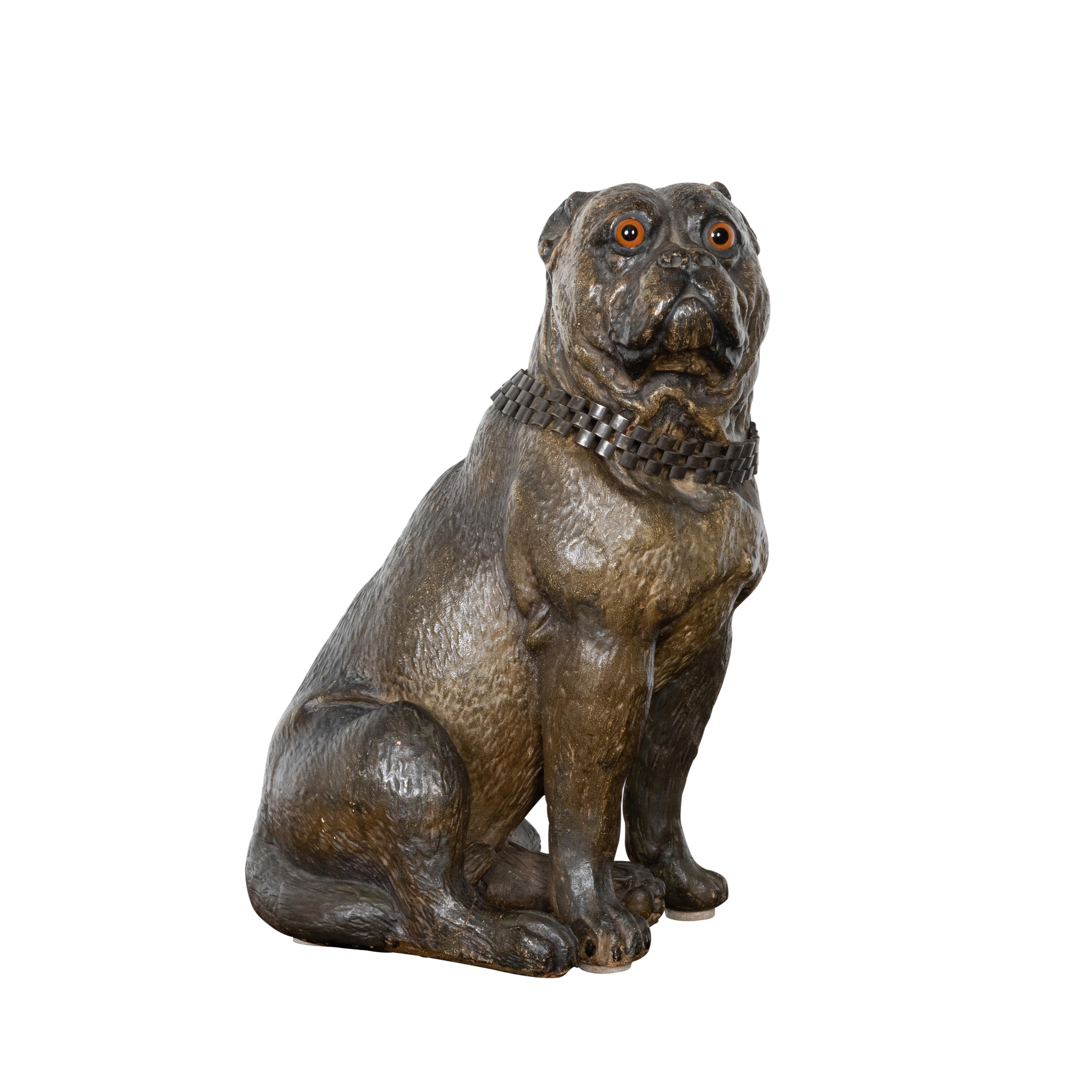 English 19th Century Terracotta Bulldog Statue with Silver Collar and Glass Eyes For Sale