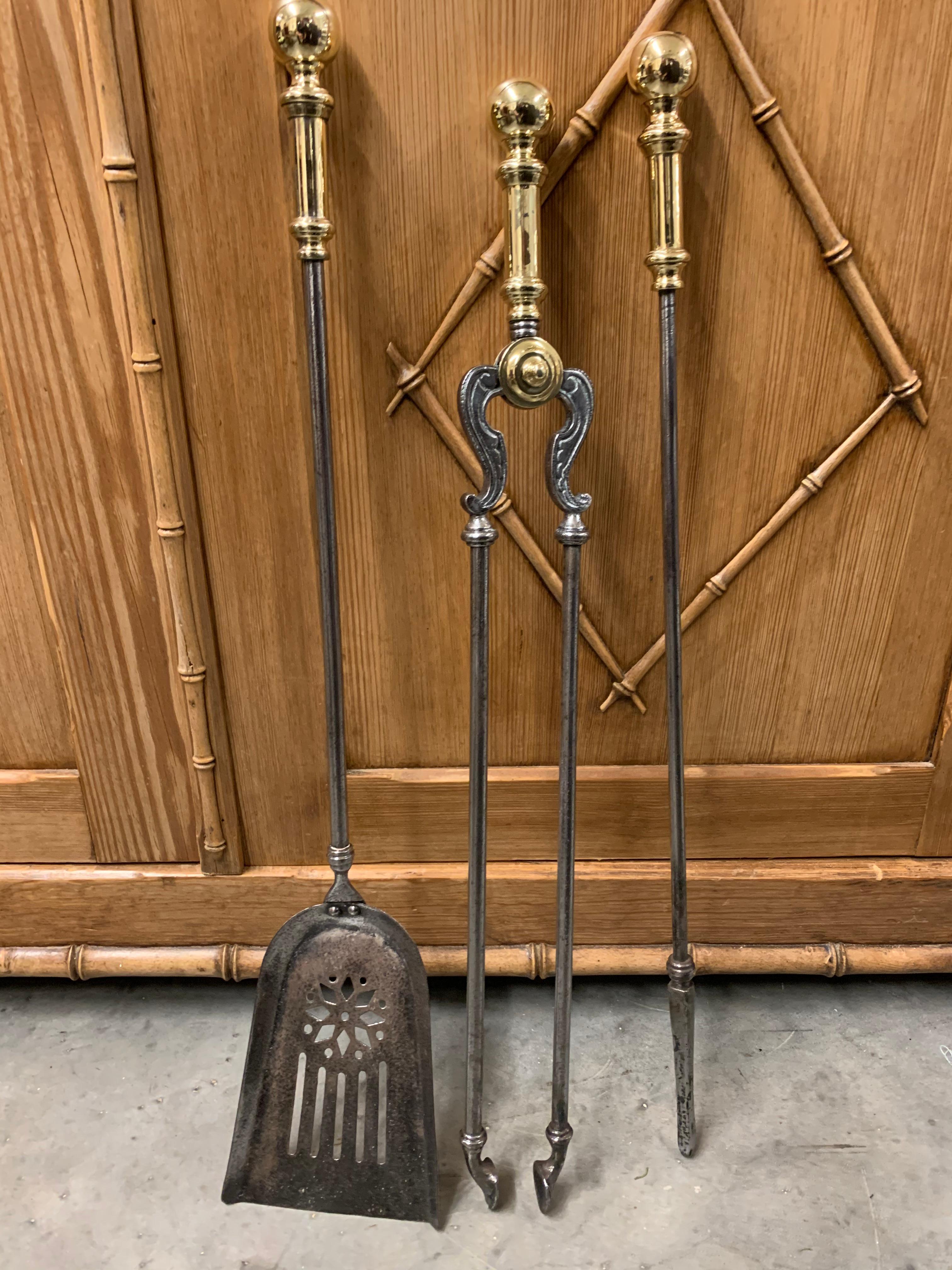 Three Piece Firetool Set, Brass & Steel, English 19th Century 3