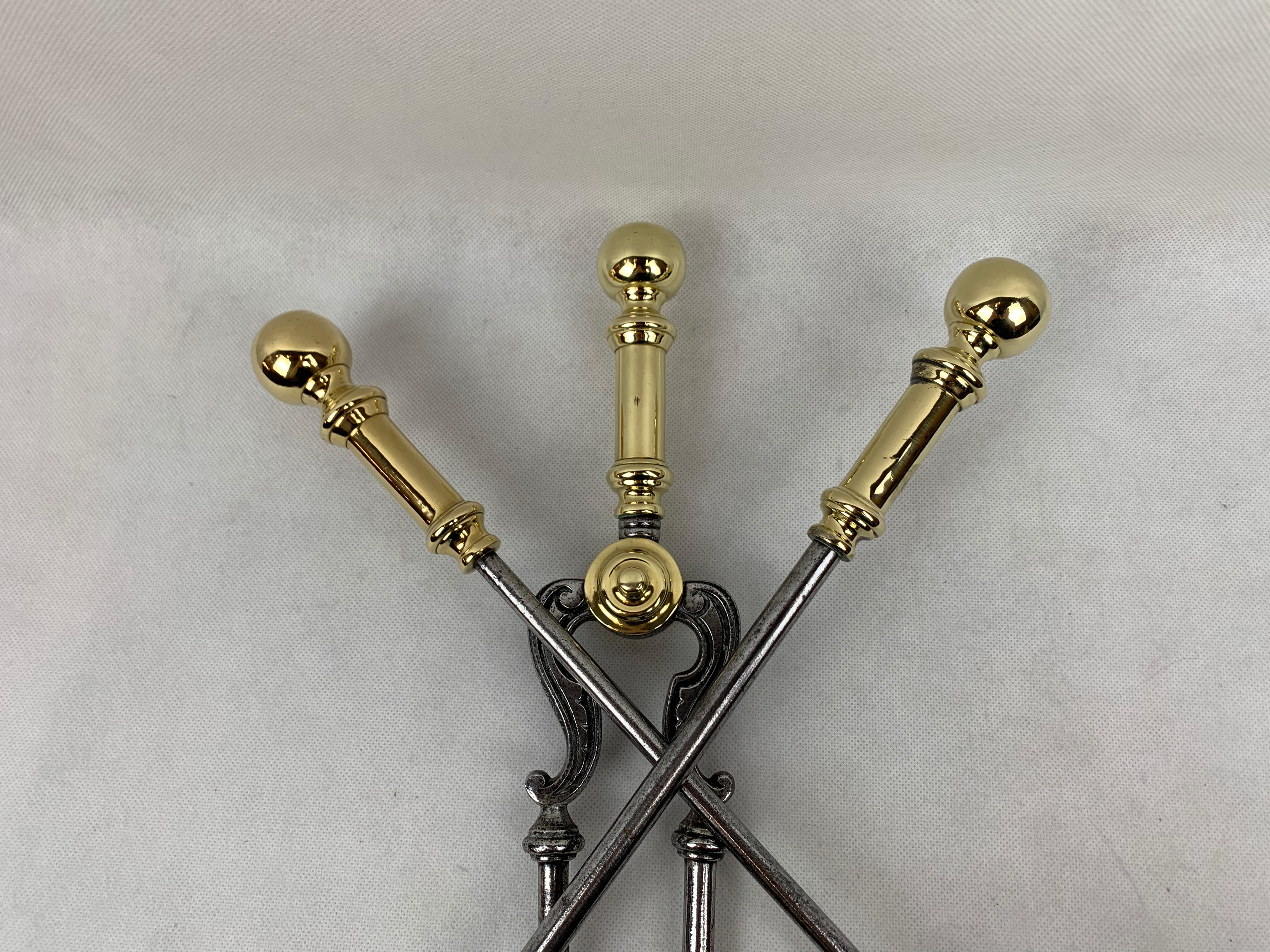 Three Piece Firetool Set, Brass & Steel, English 19th Century 4