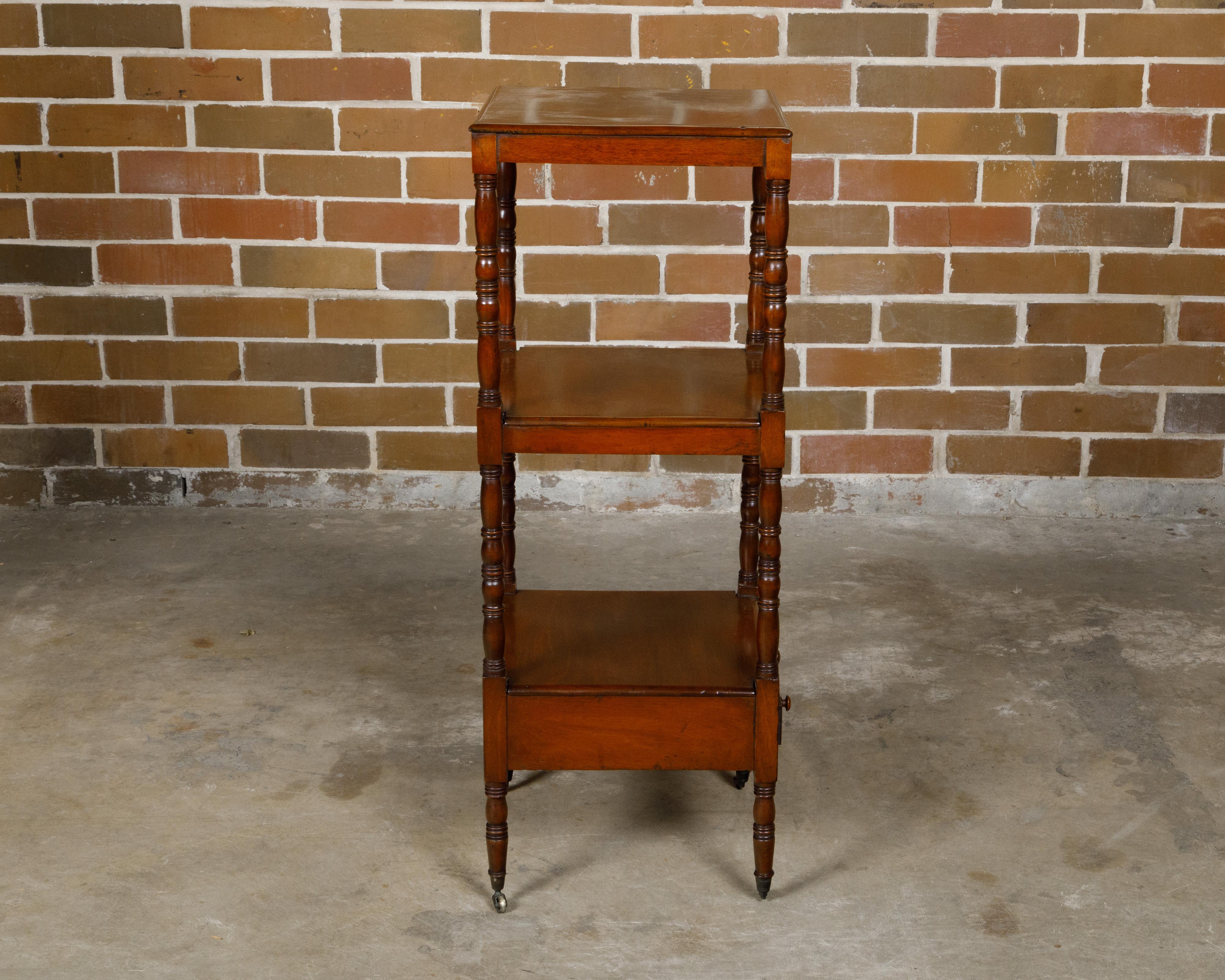 English 19th Century Three-Tiered Étagère with Low Drawer and Turned Supports In Good Condition For Sale In Atlanta, GA