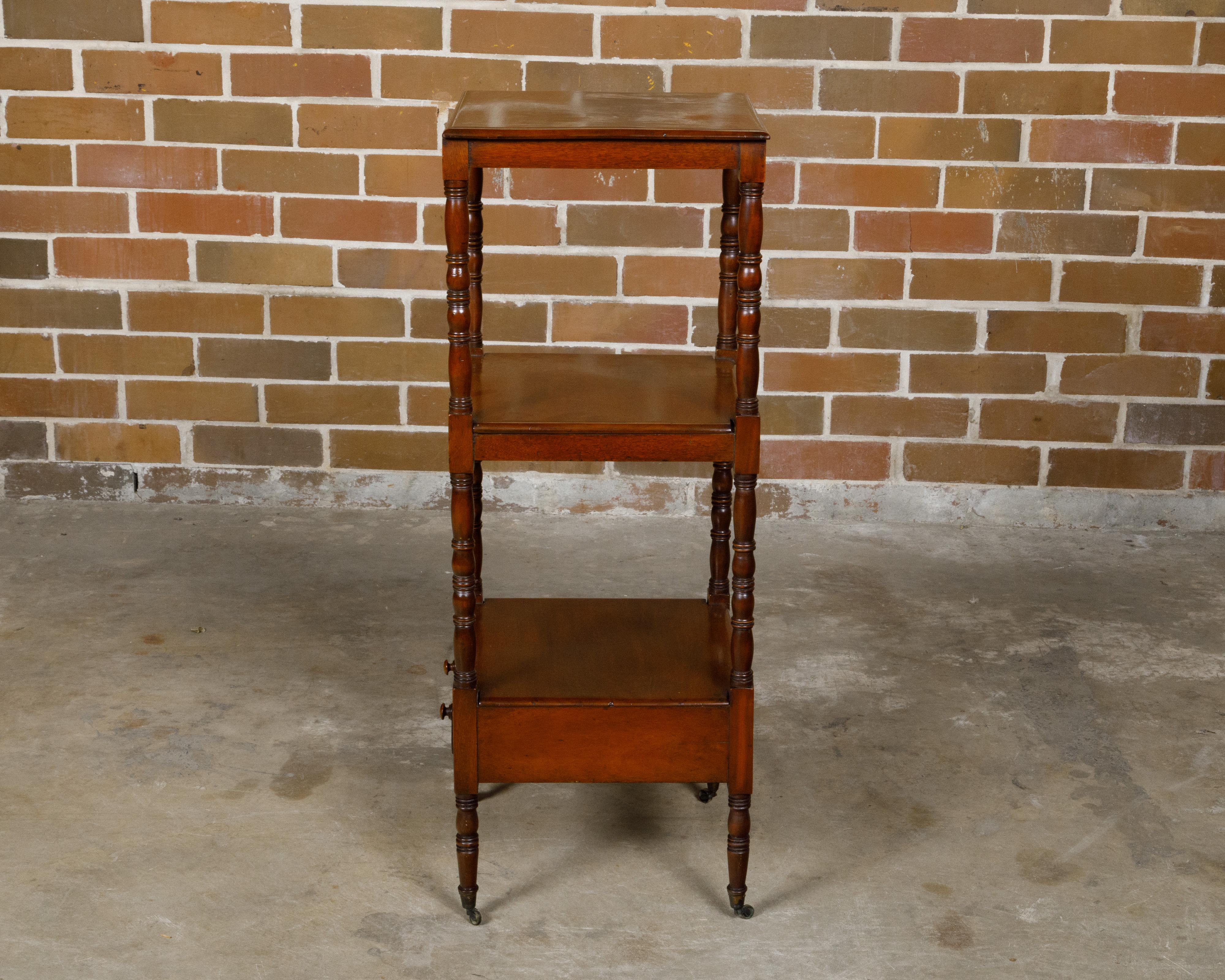 Mahogany English 19th Century Three-Tiered Étagère with Low Drawer and Turned Supports For Sale
