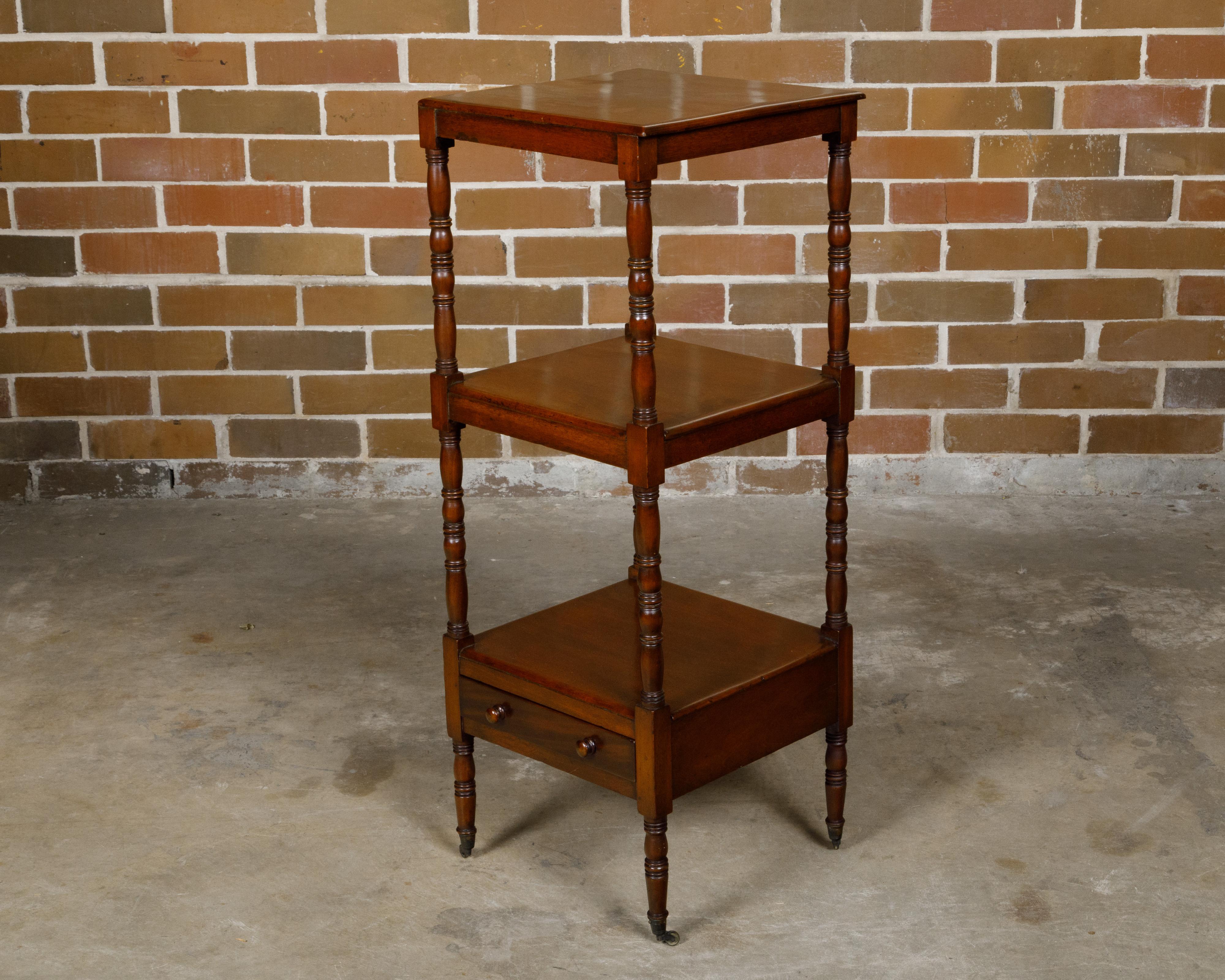 English 19th Century Three-Tiered Étagère with Low Drawer and Turned Supports For Sale 1