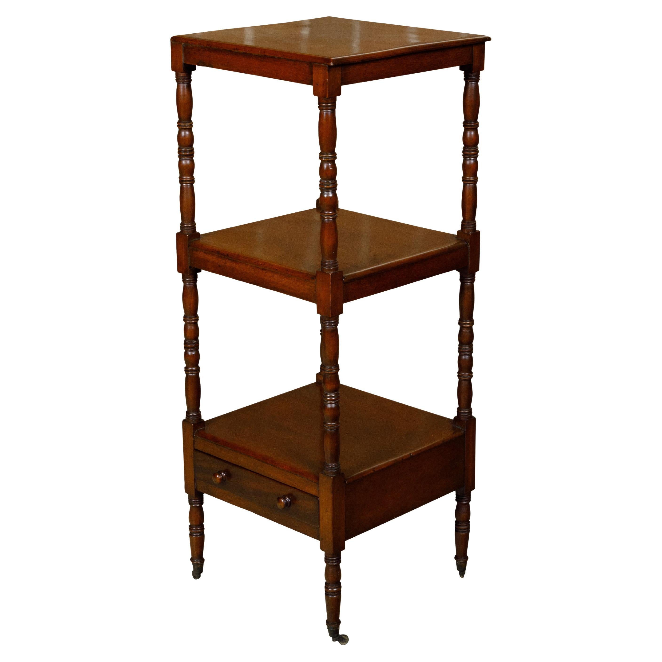 English 19th Century Three-Tiered Étagère with Low Drawer and Turned Supports