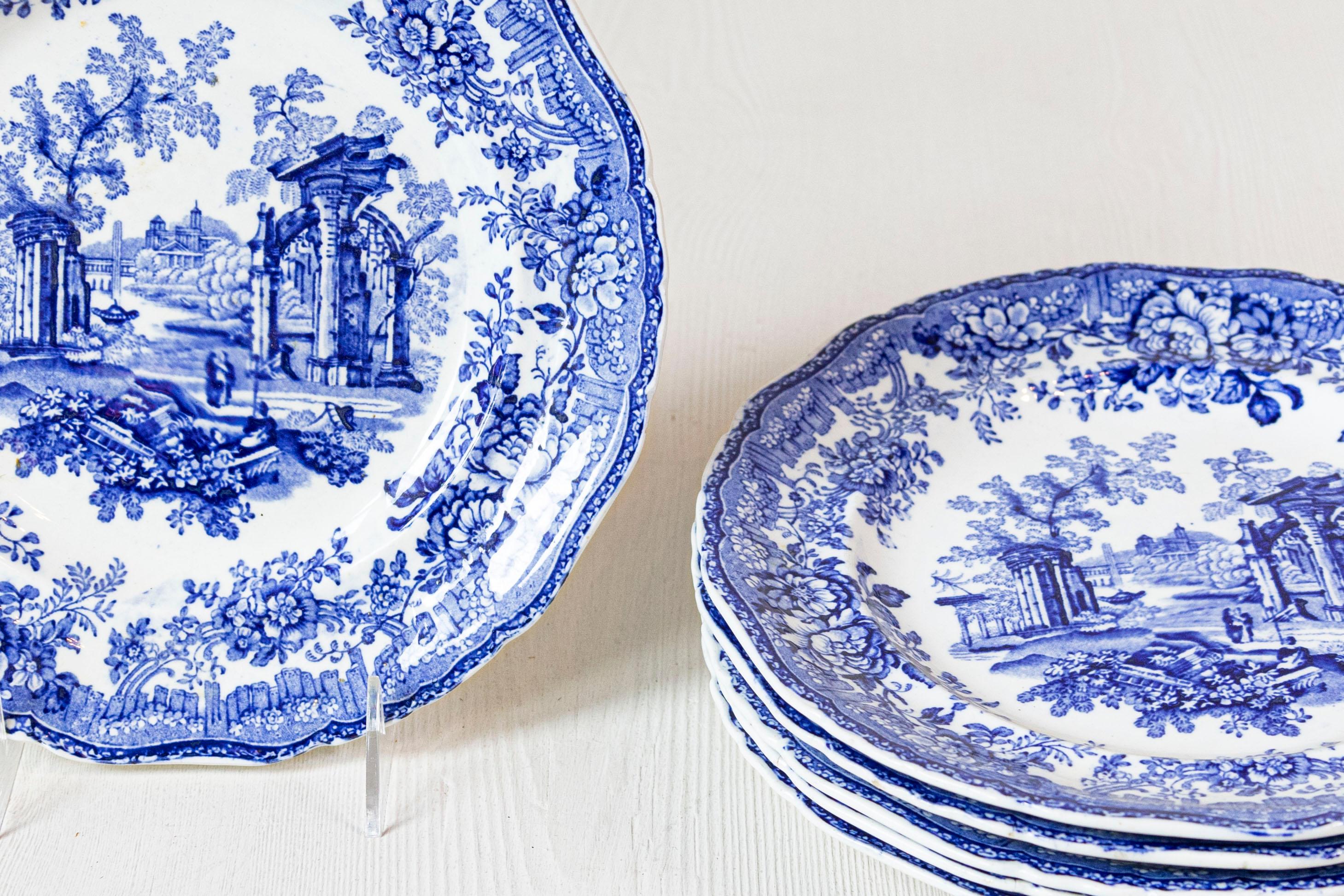 Ceramic English 19th Century Transfer Blue and White Plates with Ruins and Floral Décor For Sale
