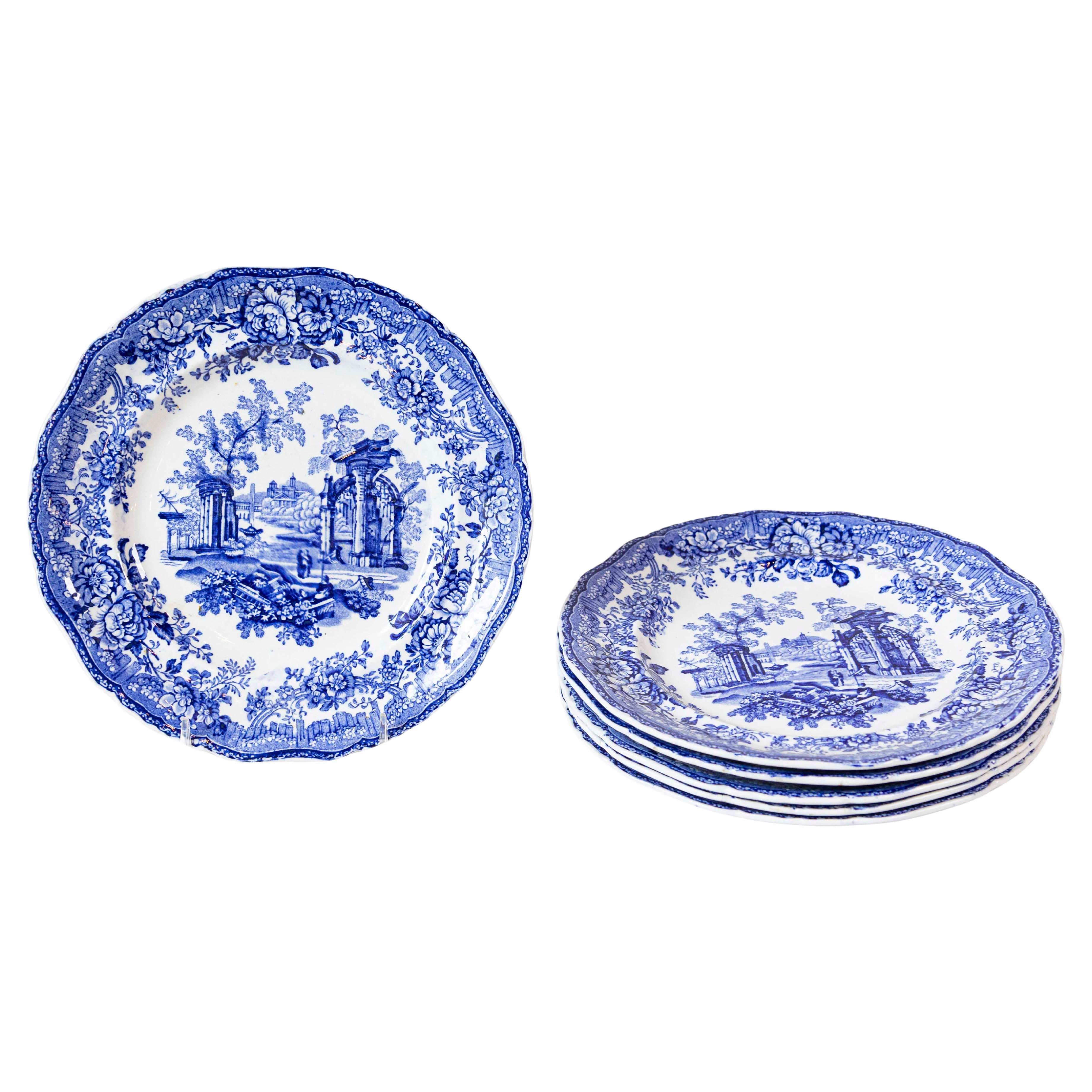 English 19th Century Transfer Blue and White Plates with Ruins and Floral Décor For Sale