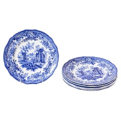 English 19th Century Transfer Blue and White Plates with Ruins and Floral Décor