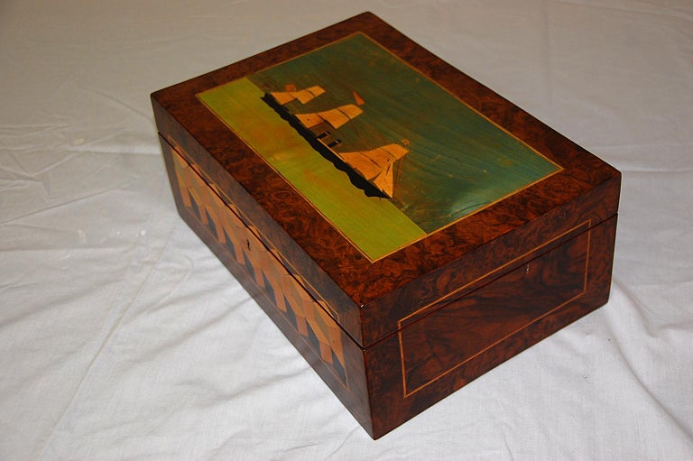 Folk Art English 19th Century Trinity House Burl Walnut Writing Box Ship and Cube Inlay For Sale