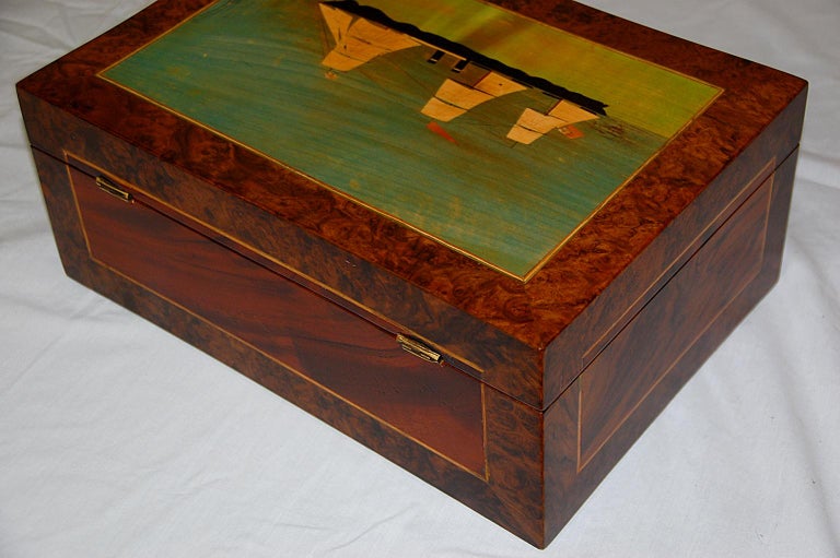 English 19th Century Trinity House Burl Walnut Writing Box Ship and Cube Inlay In Good Condition For Sale In Wells, ME