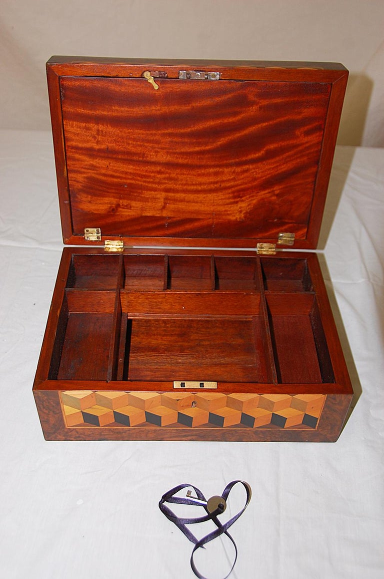 English 19th Century Trinity House Burl Walnut Writing Box Ship and Cube Inlay For Sale 1