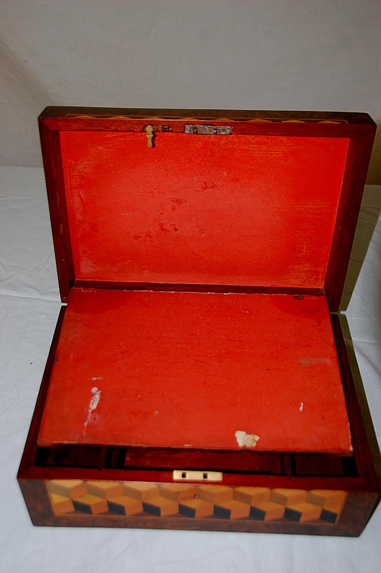 English 19th Century Trinity House Burl Walnut Writing Box Ship and Cube Inlay For Sale 2