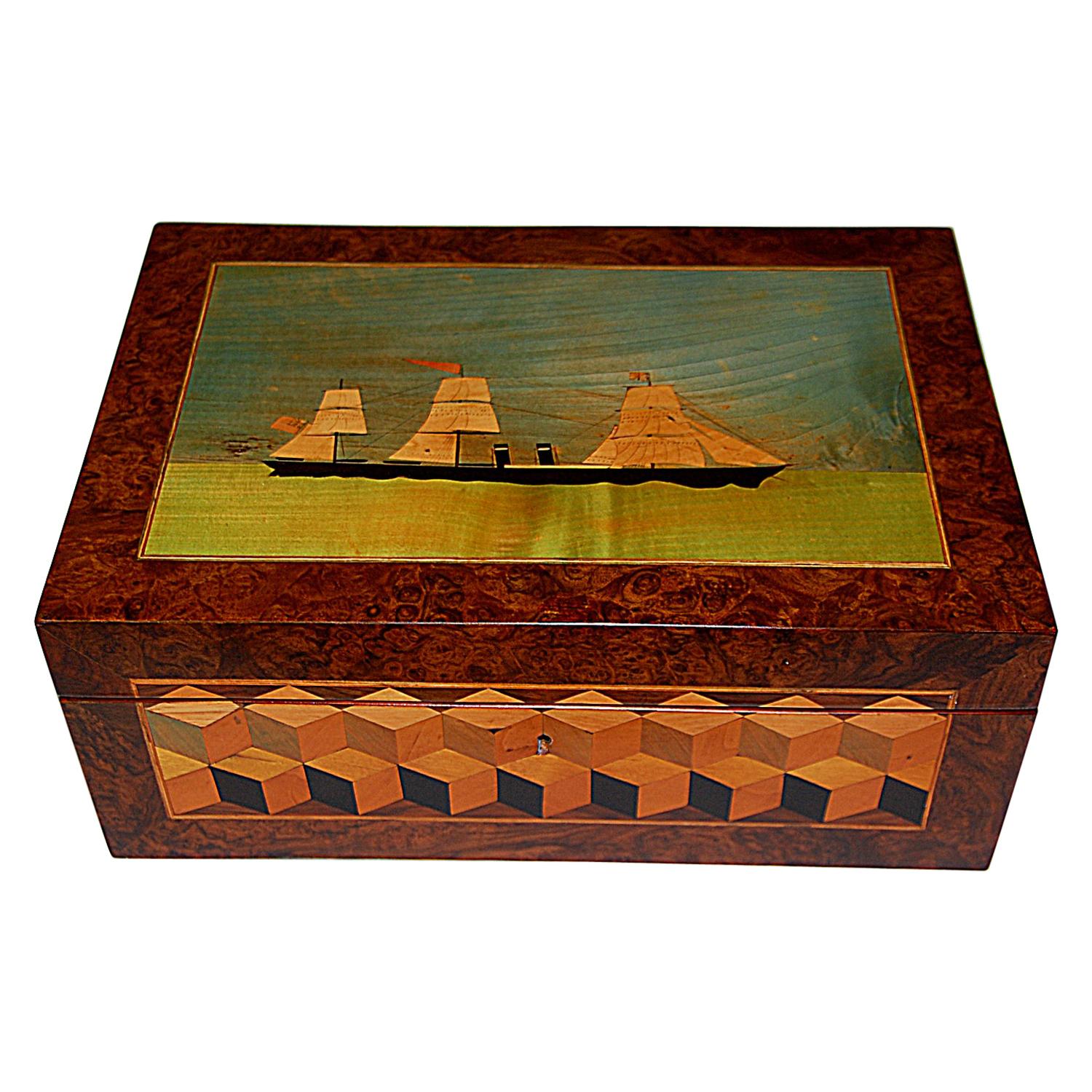 English 19th Century Trinity House Burl Walnut Writing Box Ship and Cube Inlay